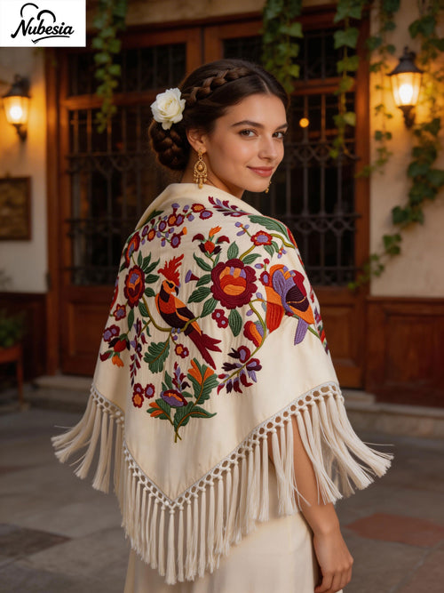 Mantón de Flamenca bordado multicolor o liso – Colección Loro y Flores de algodón 140x50 con flecos corto 20cm