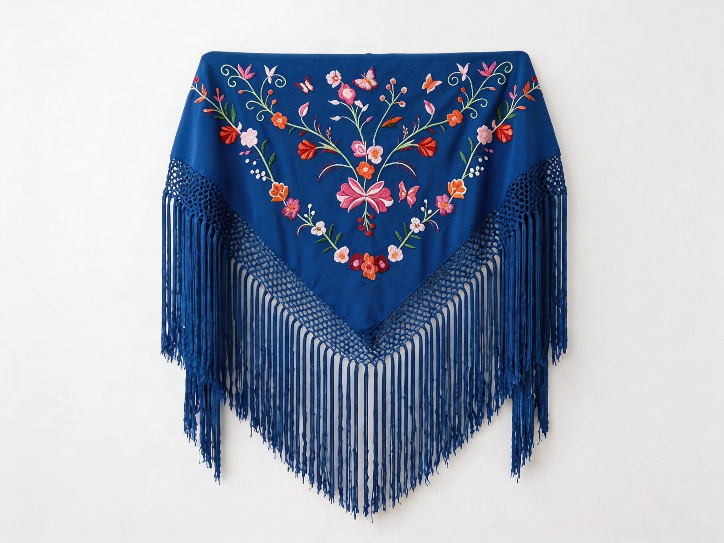 Mantón Flamenco Bordado Flores y Mariposas para Baile Flamenco y Sevillanas  –de Chifón 140 x 50 cm  con Flecos cortos 20 cm