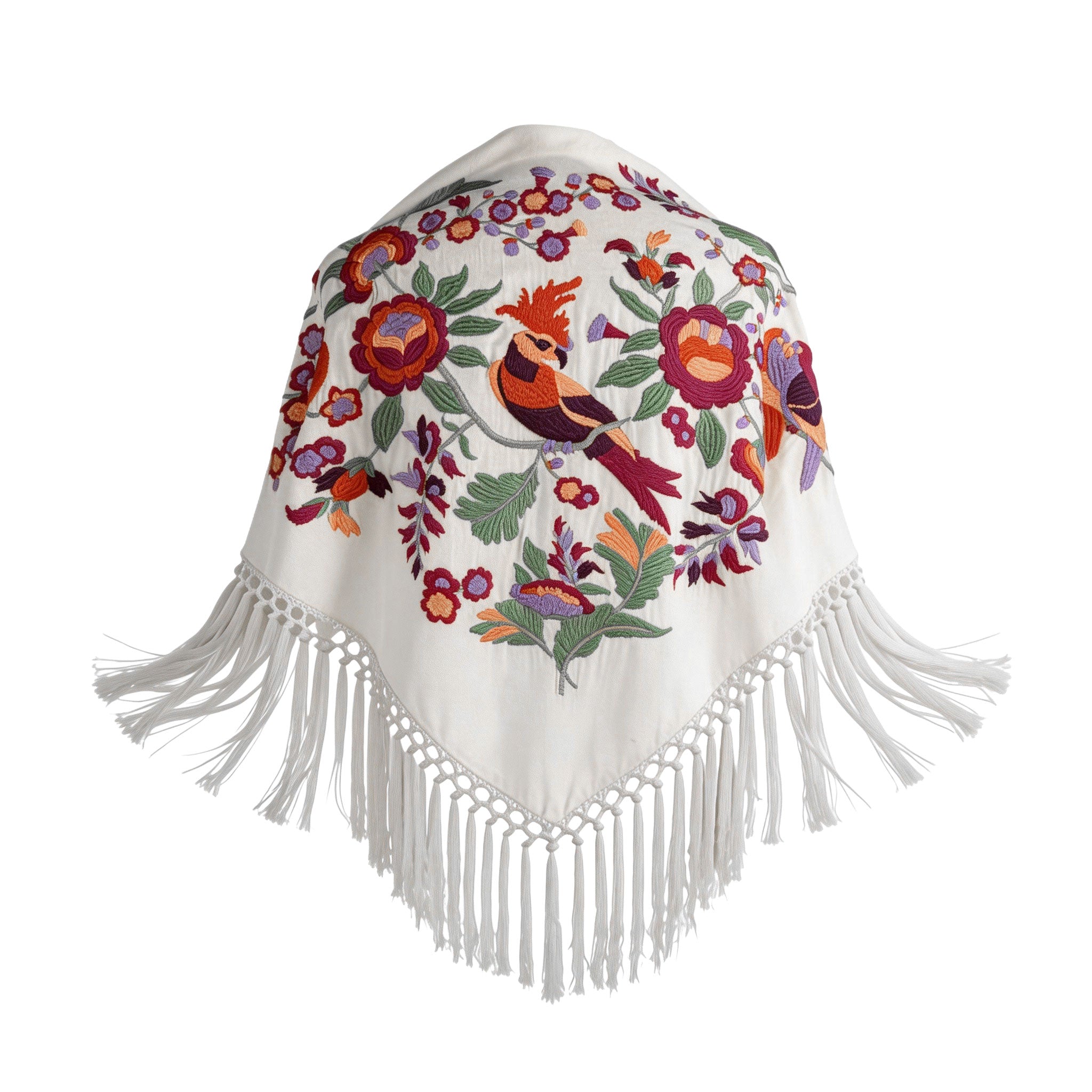 Mantón de Flamenca bordado multicolor o liso – Colección Loro y Flores de algodón 140x50 con flecos corto 20cm