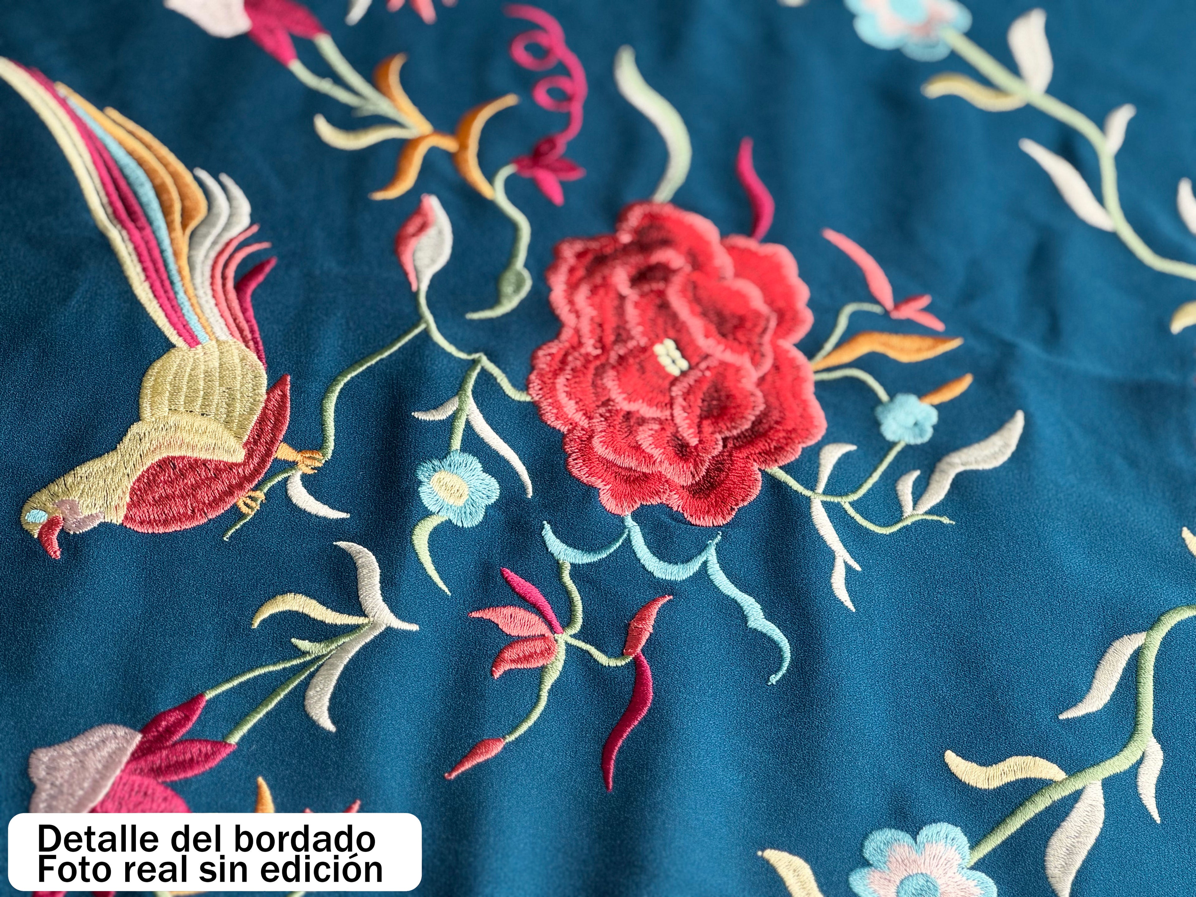 Mantón de Flamenco  con Bordado de Pájaro de Chiffón 140X50 con flecos corto 20cm