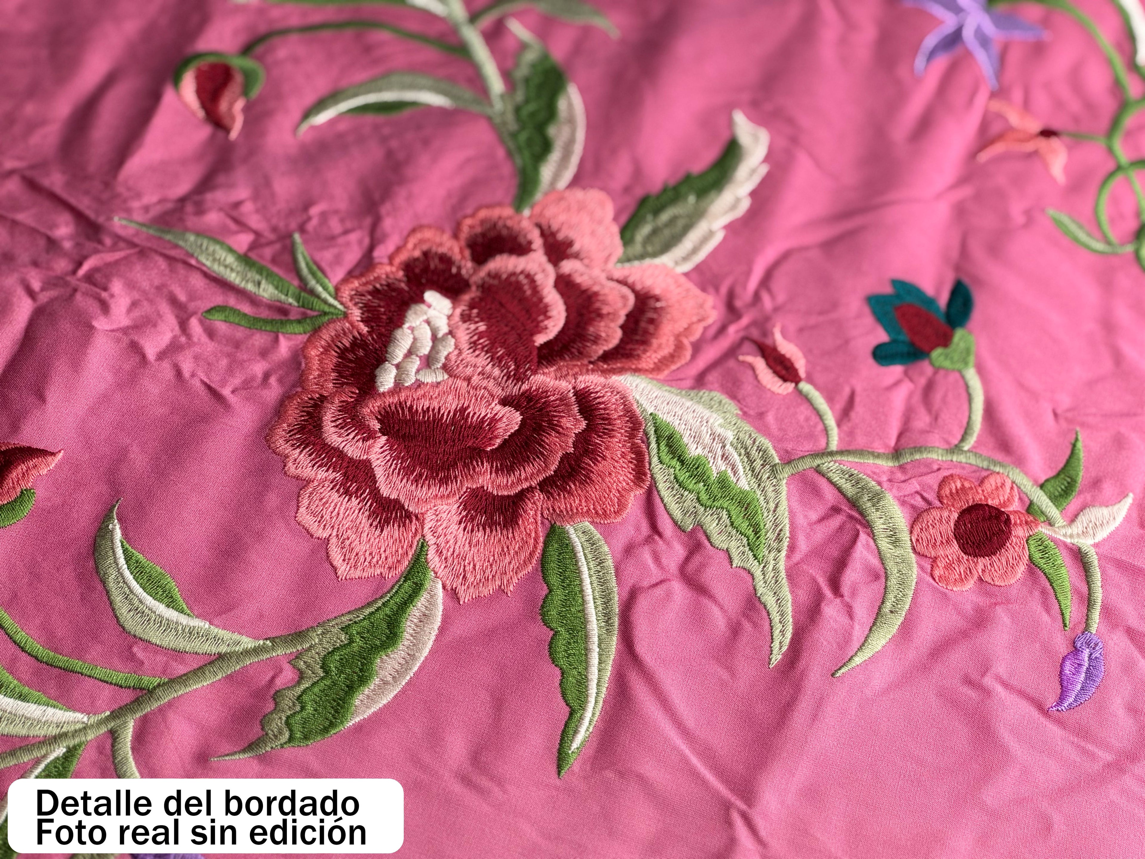 Mantón Flamenco Bordado Rosa para Baile Flamenco y Sevillanas – de Algodón 140 x 55cm con Flecos Largos 35 cm