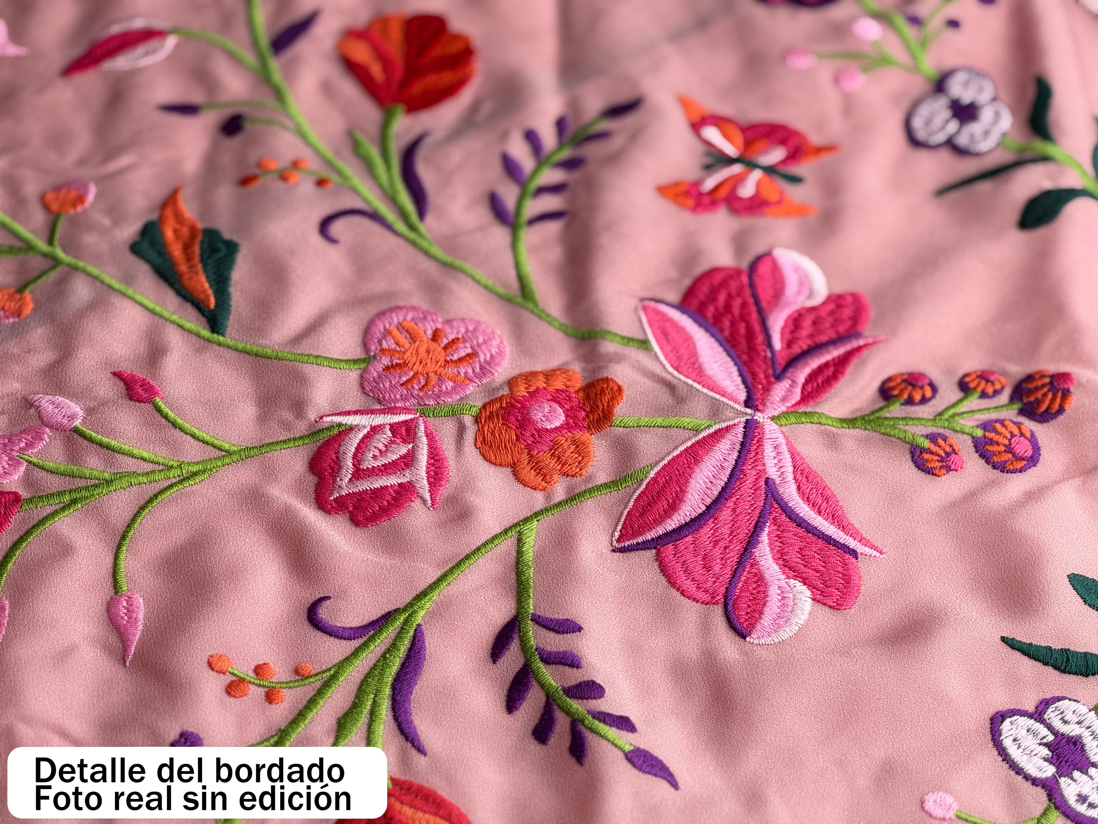 Mantón Flamenco Bordado Flores y Mariposas para Baile Flamenco y Sevillanas  –de Chifón 140 x 50 cm  con Flecos cortos 20 cm