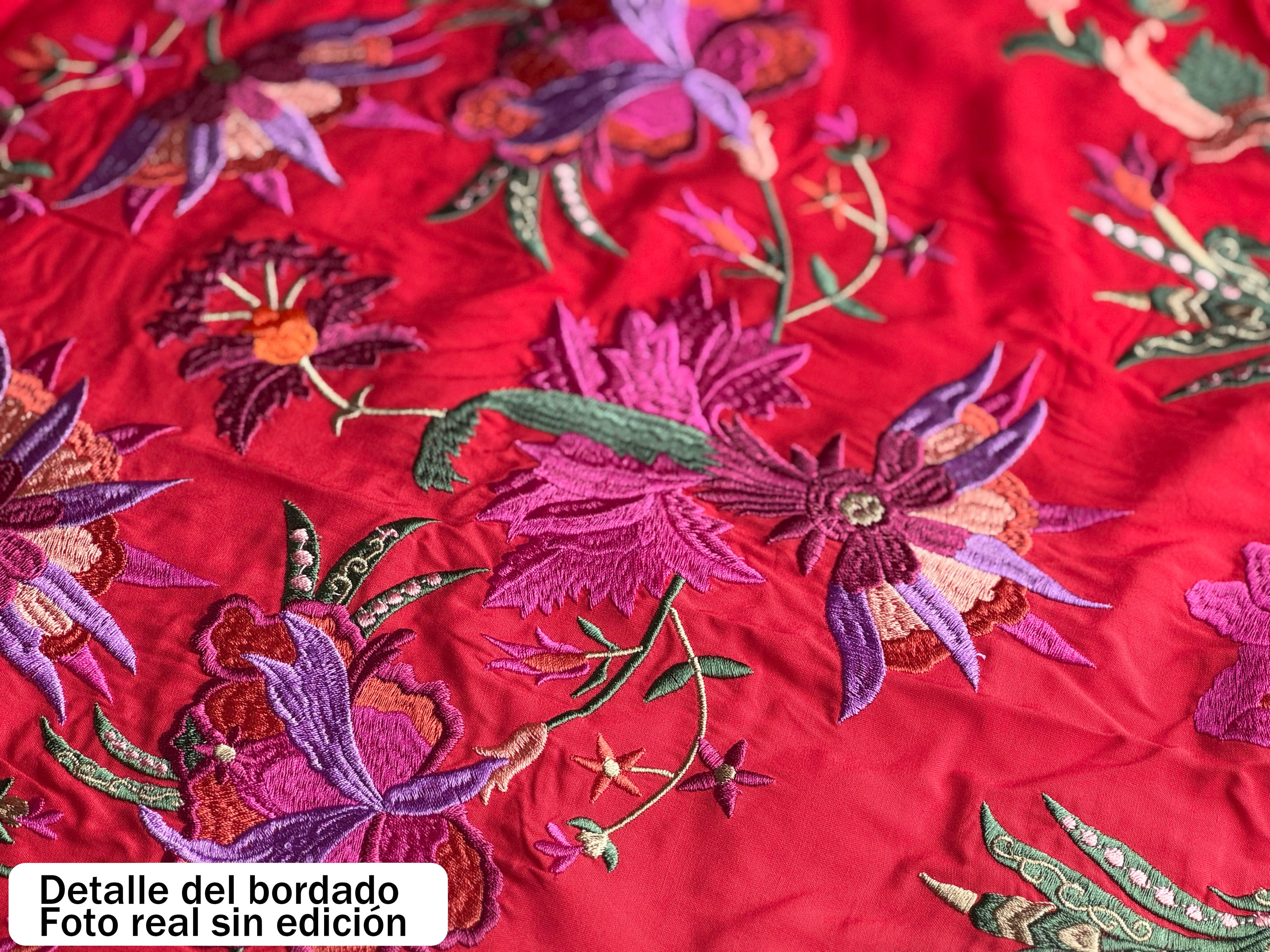 Manton de Flamenca Bordado Dalia – Ligero algodón 140X50  y con flecos 20cm
