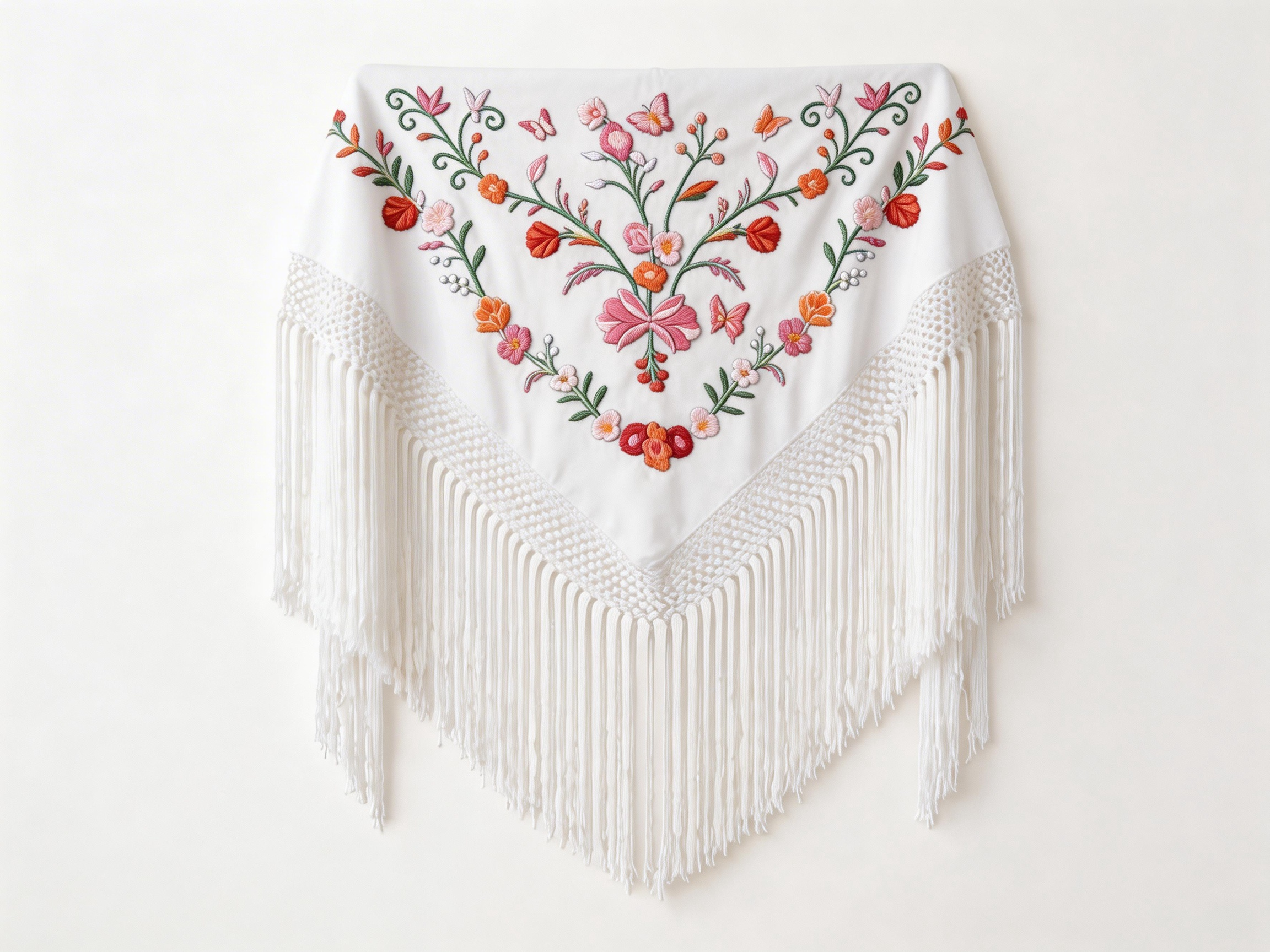 Mantón Flamenco Bordado Flores y Mariposas para Baile Flamenco y Sevillanas  –de Chifón 140 x 50 cm  con Flecos cortos 20 cm