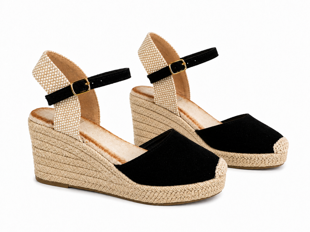 Sandalias de esparto con cuña alta para mujer | Puntera cerrada y hebilla ajustable | Cómodas para verano