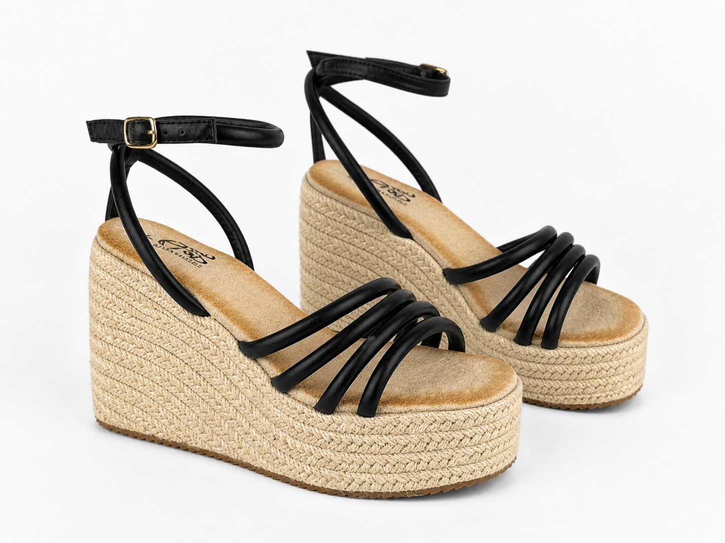 Sandalias de esparto con cuña y plataforma para mujer | Tiras negras con hebilla | Cómodas para verano