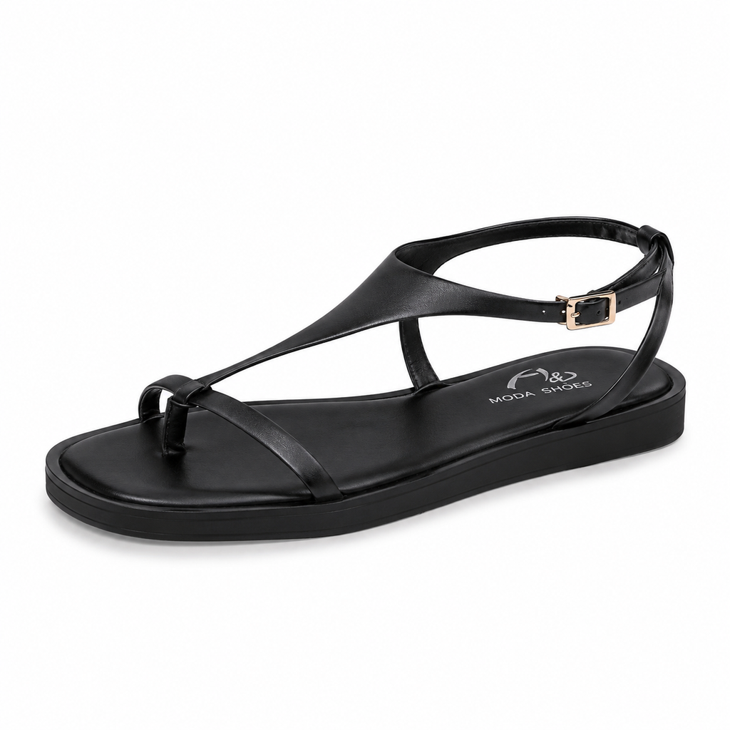 Sandalias Planas Mujer con Tira en T y Hebilla Ajustable, Sandalias de Dedo con Suela Negra para Verano
