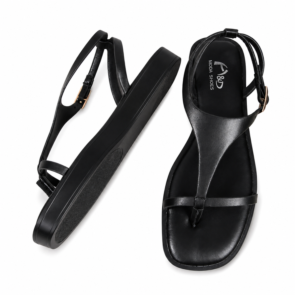 Sandalias Planas Mujer con Tira en T y Hebilla Ajustable, Sandalias de Dedo con Suela Negra para Verano