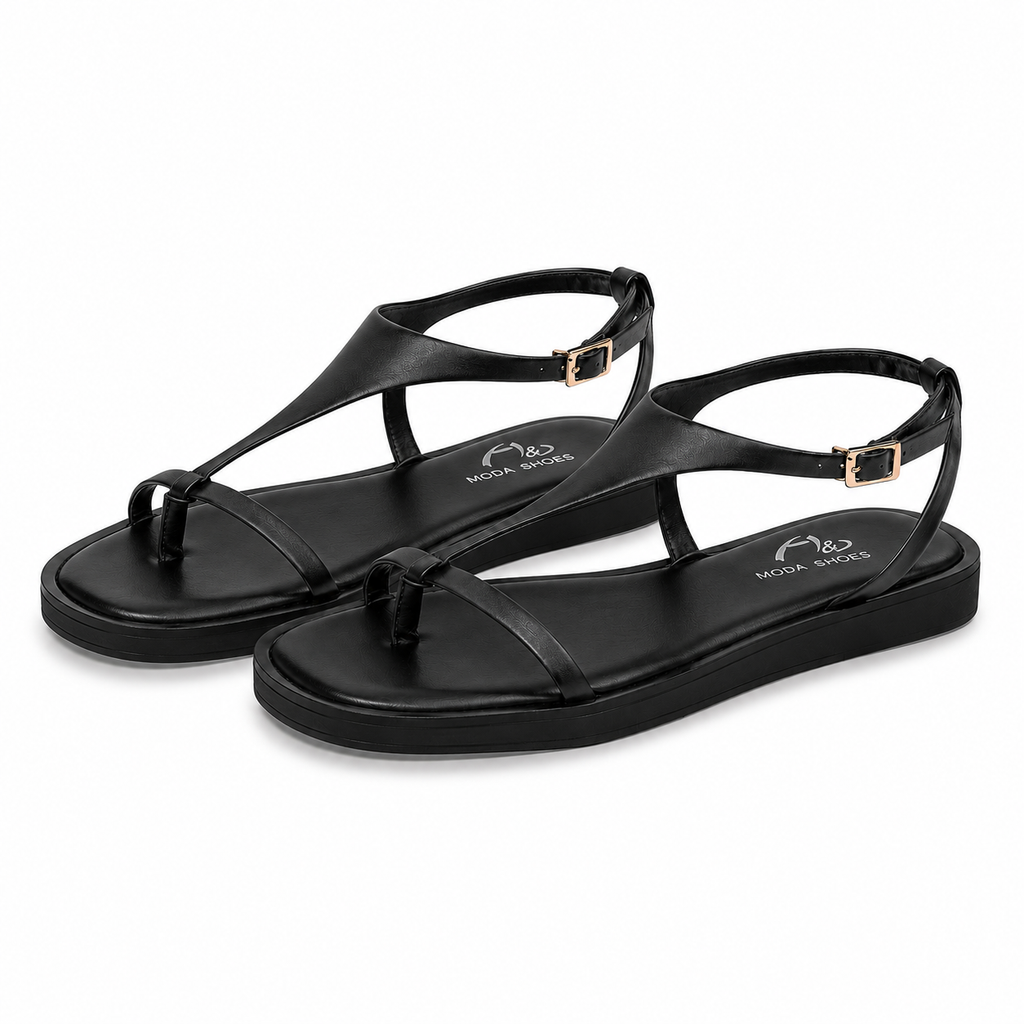 Sandalias Planas Mujer con Tira en T y Hebilla Ajustable, Sandalias de Dedo con Suela Negra para Verano