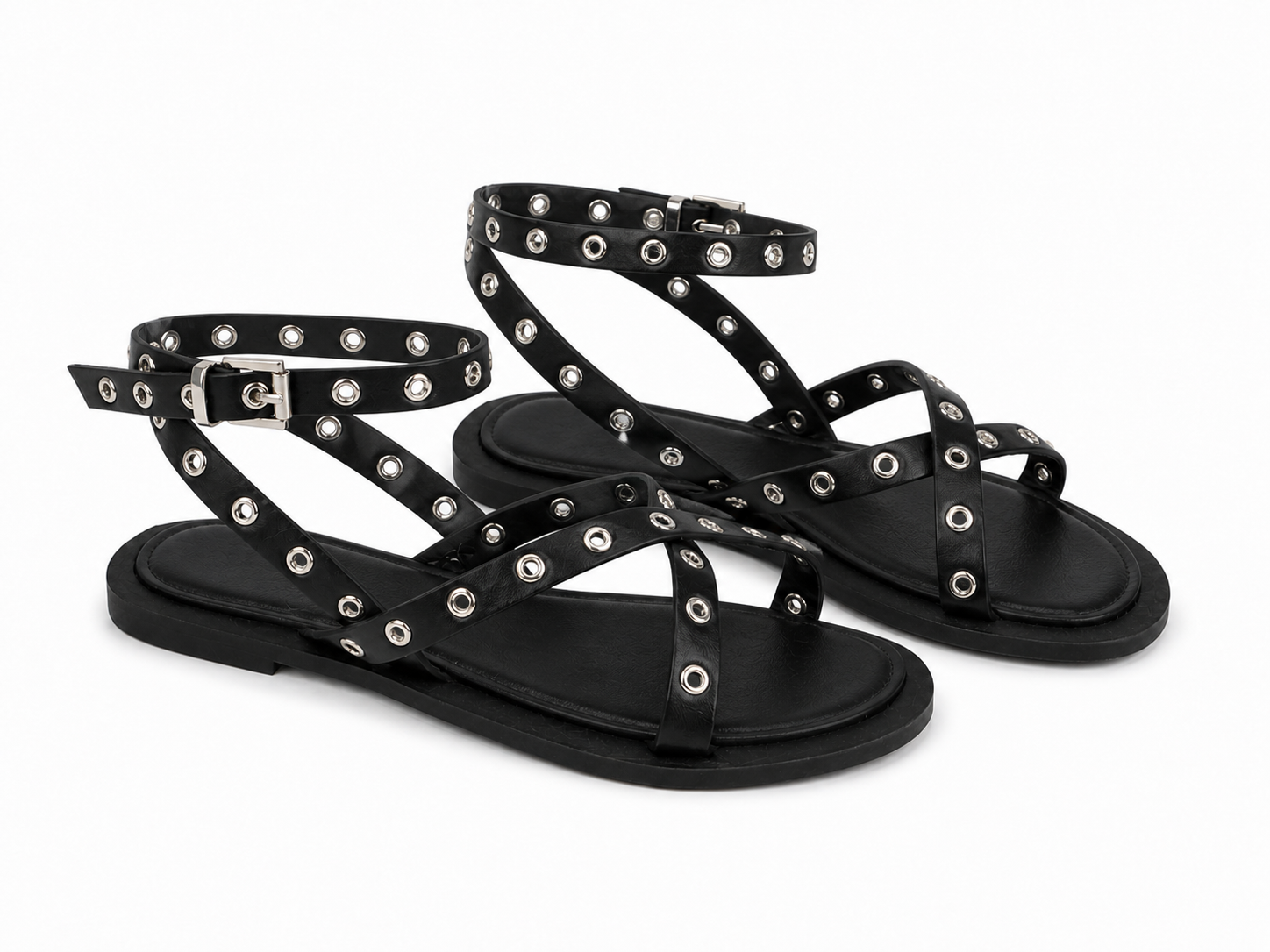Sandalias planas para mujer | Tiras cruzadas con tachuelas y hebilla ajustable | Estilo moderno para verano