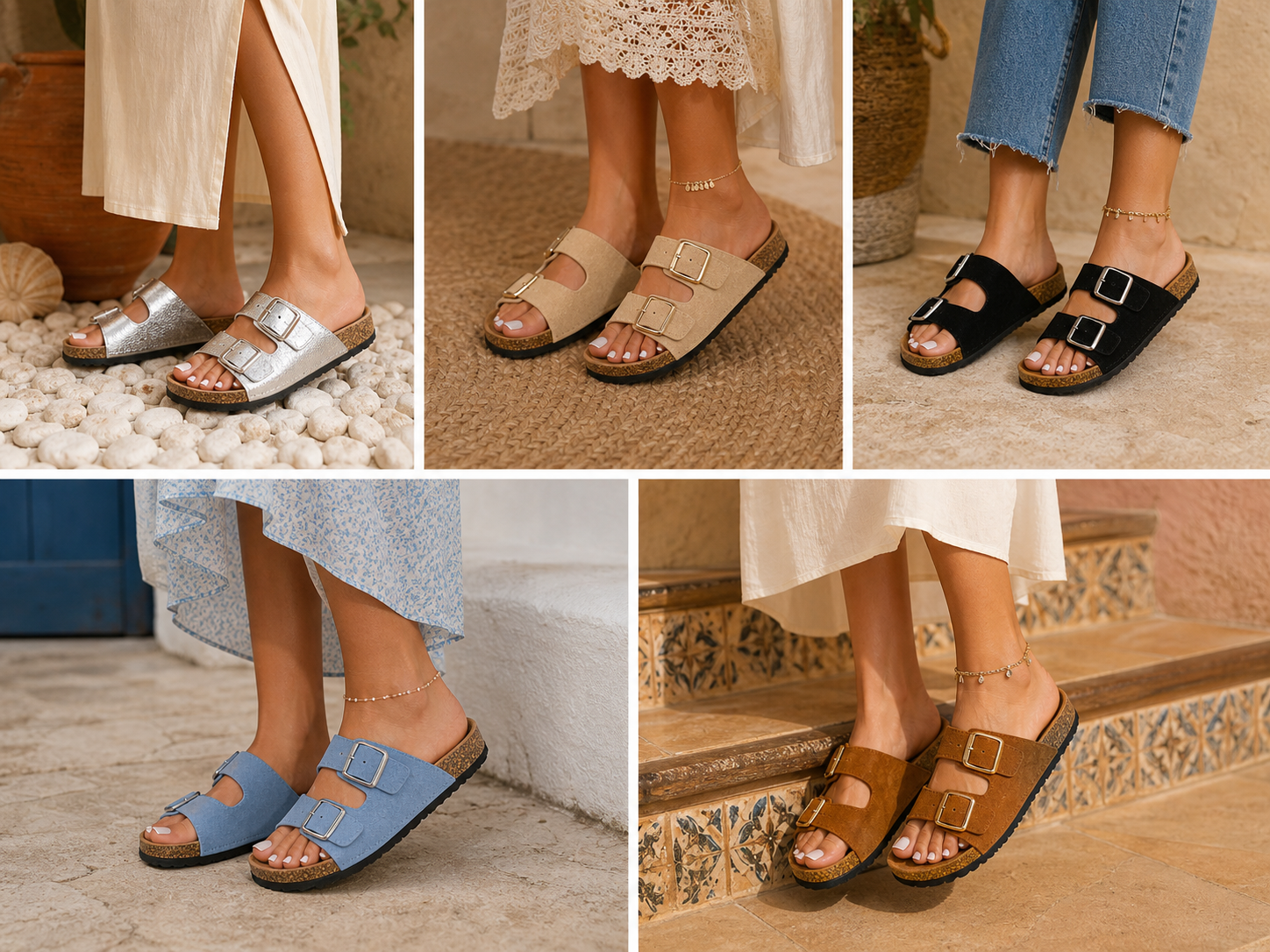 Sandalias de corcho con doble hebilla para mujer | Cómodas, ligeras y antideslizantes | Perfectas para verano
