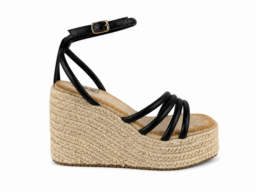 Sandalias de esparto con cuña y plataforma para mujer | Tiras negras con hebilla | Cómodas para verano