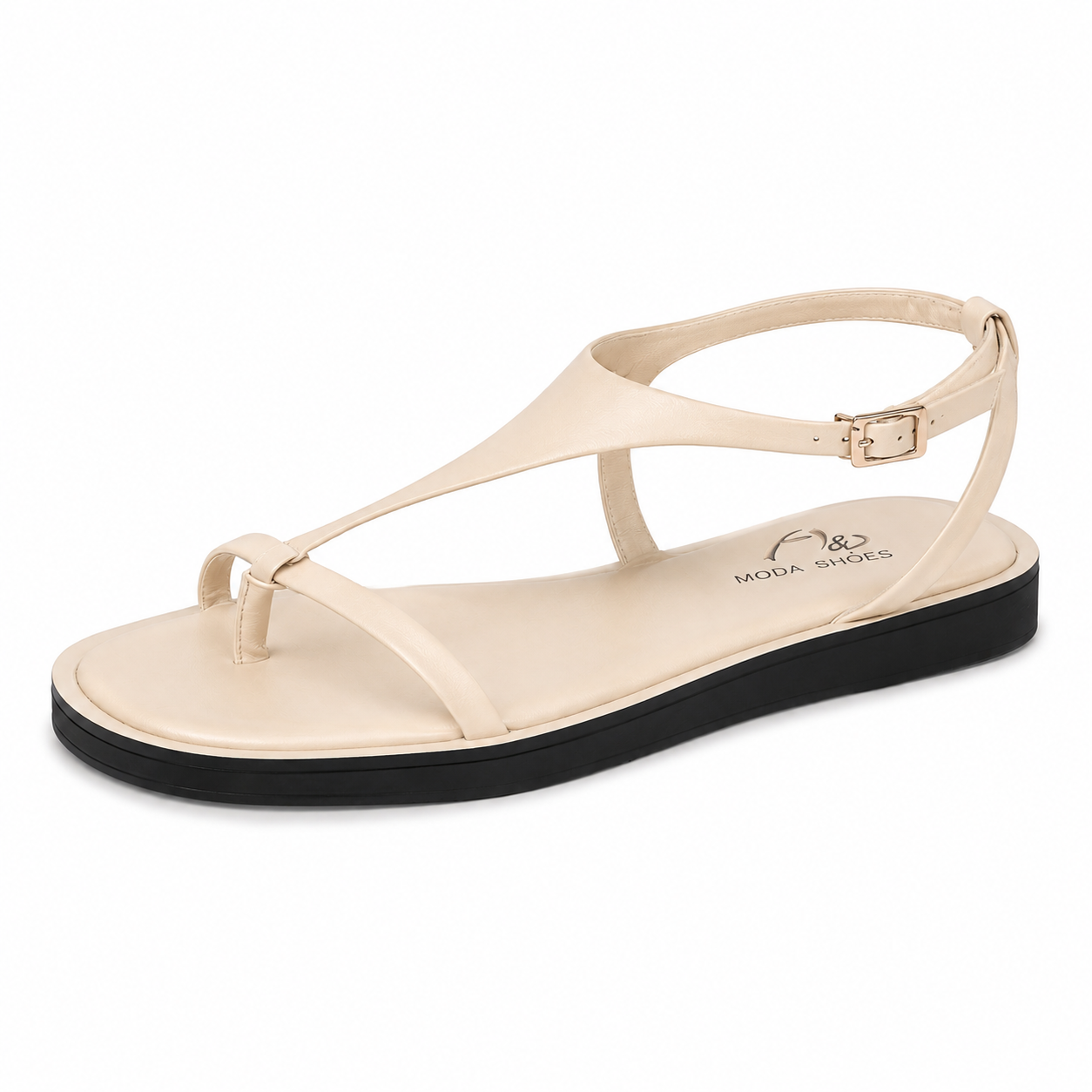Sandalias Planas Mujer con Tira en T y Hebilla Ajustable, Sandalias de Dedo con Suela Negra para Verano