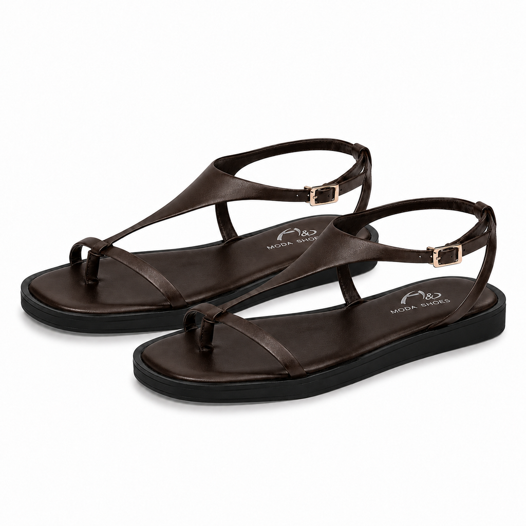 Sandalias Planas Mujer con Tira en T y Hebilla Ajustable, Sandalias de Dedo con Suela Negra para Verano