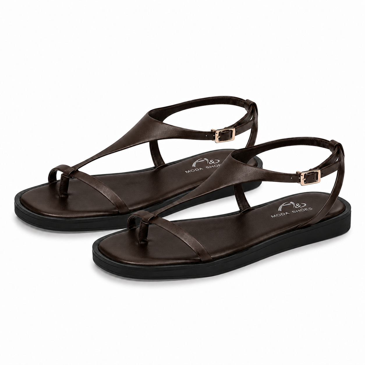 Sandalias Planas Mujer con Tira en T y Hebilla Ajustable, Sandalias de Dedo con Suela Negra para Verano