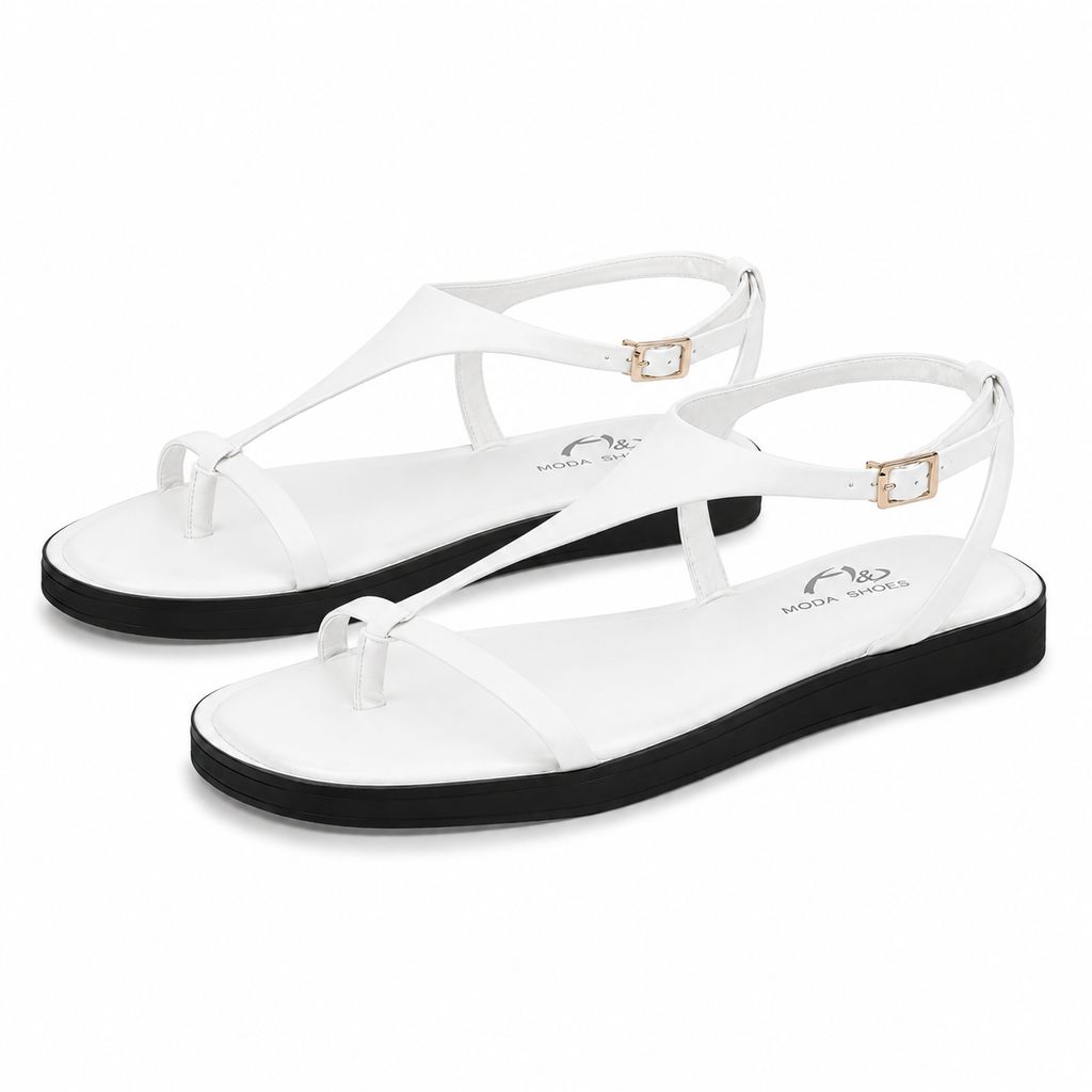 Sandalias Planas Mujer con Tira en T y Hebilla Ajustable, Sandalias de Dedo con Suela Negra para Verano