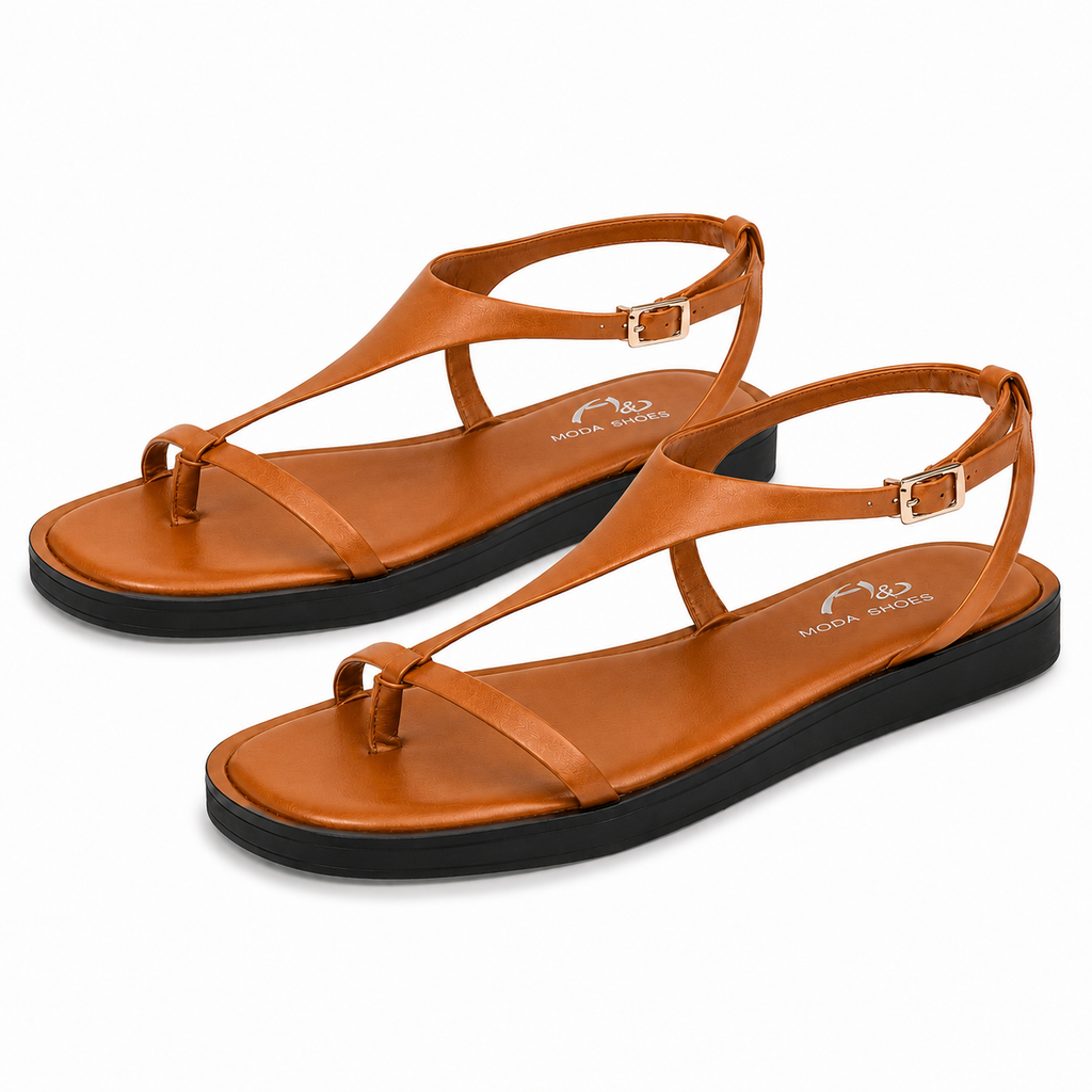 Sandalias Planas Mujer con Tira en T y Hebilla Ajustable, Sandalias de Dedo con Suela Negra para Verano