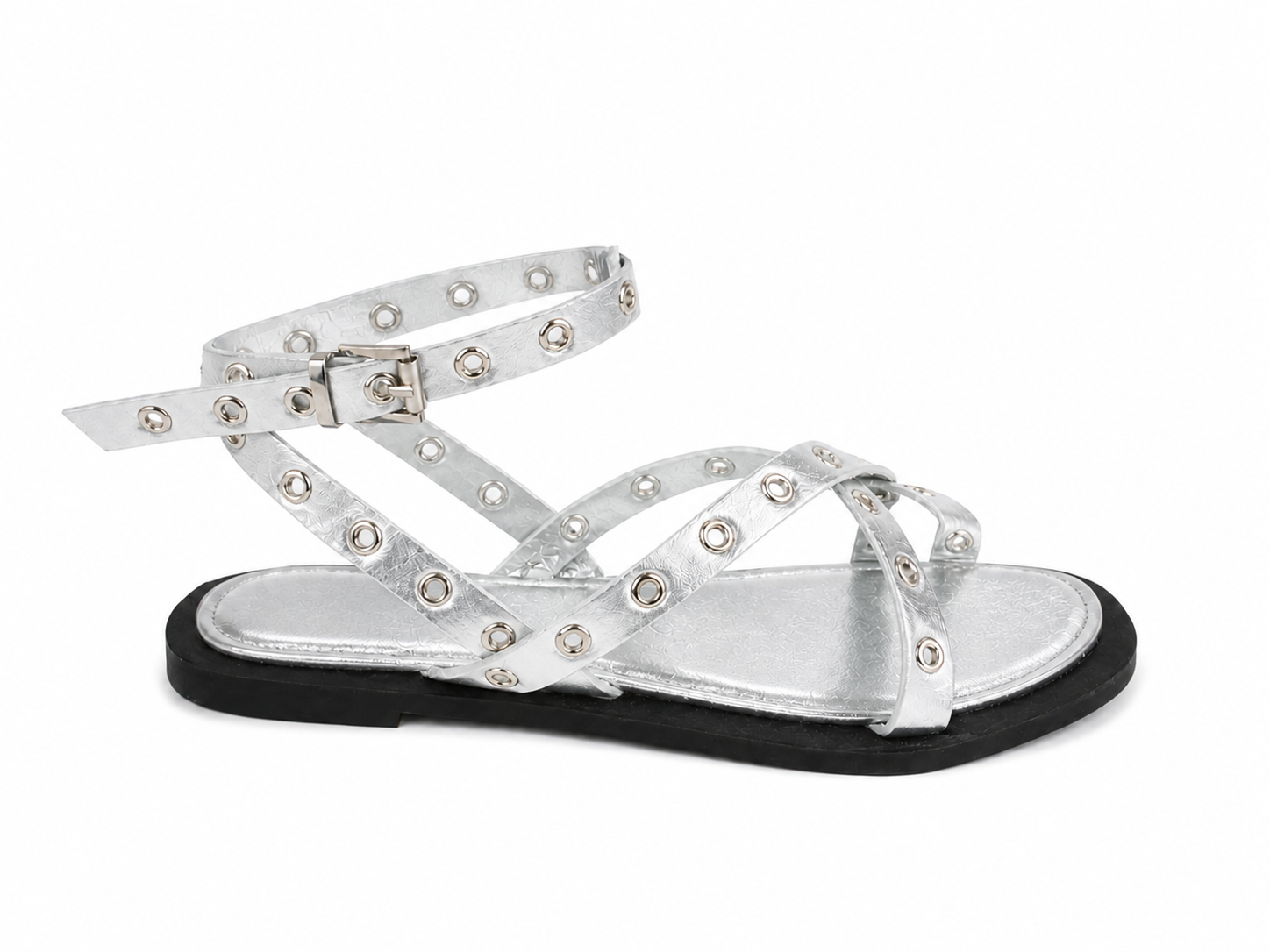 Sandalias planas para mujer | Tiras cruzadas con tachuelas y hebilla ajustable | Estilo moderno para verano