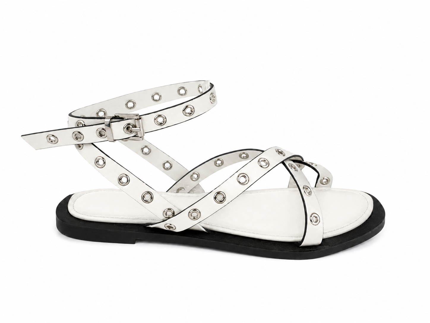 Sandalias planas para mujer | Tiras cruzadas con tachuelas y hebilla ajustable | Estilo moderno para verano