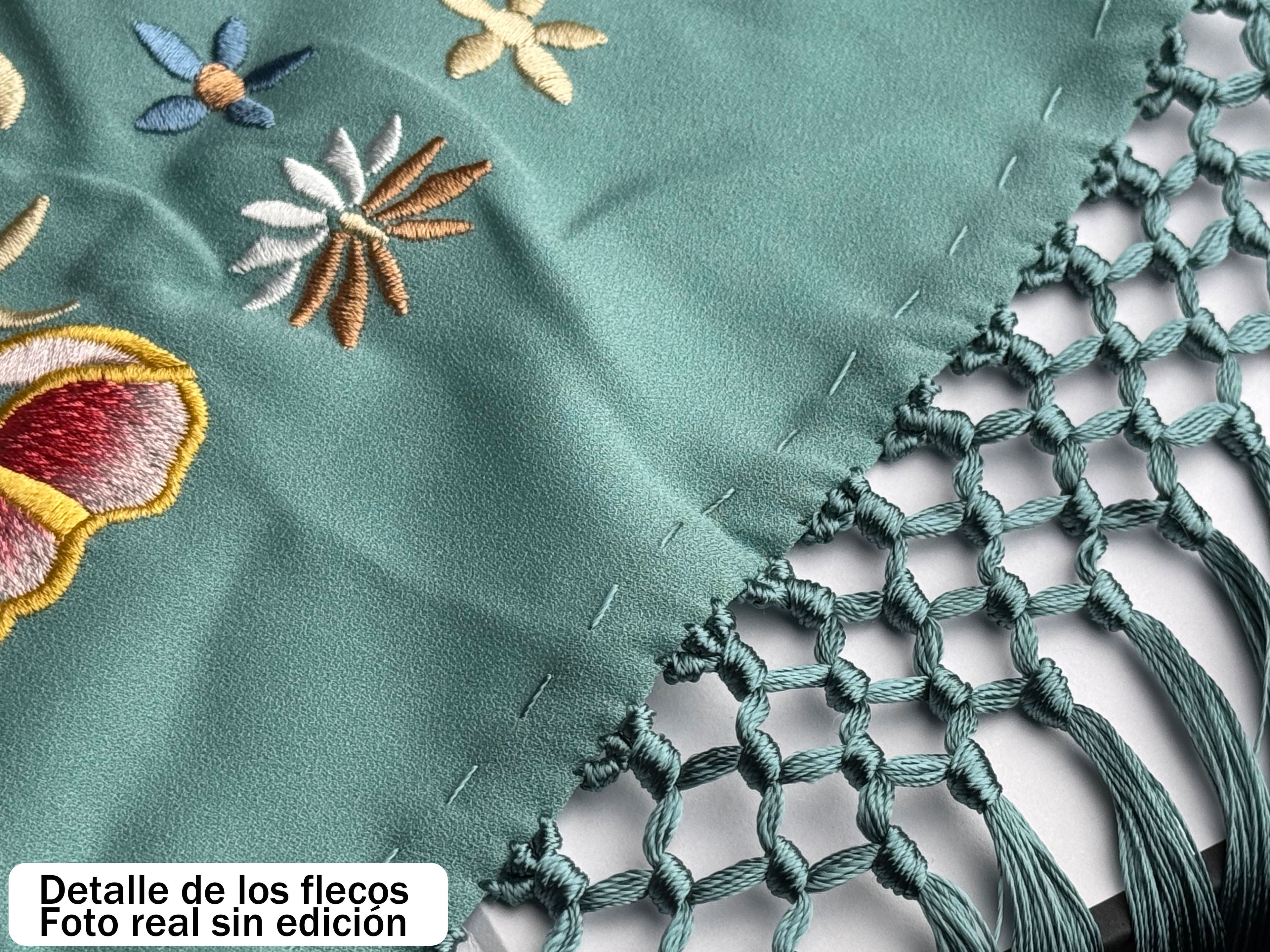 Mantón de Flamenco Bordado de Flores Doradas –  de Chiffón 140x50 con Flecos Largos 35cm
