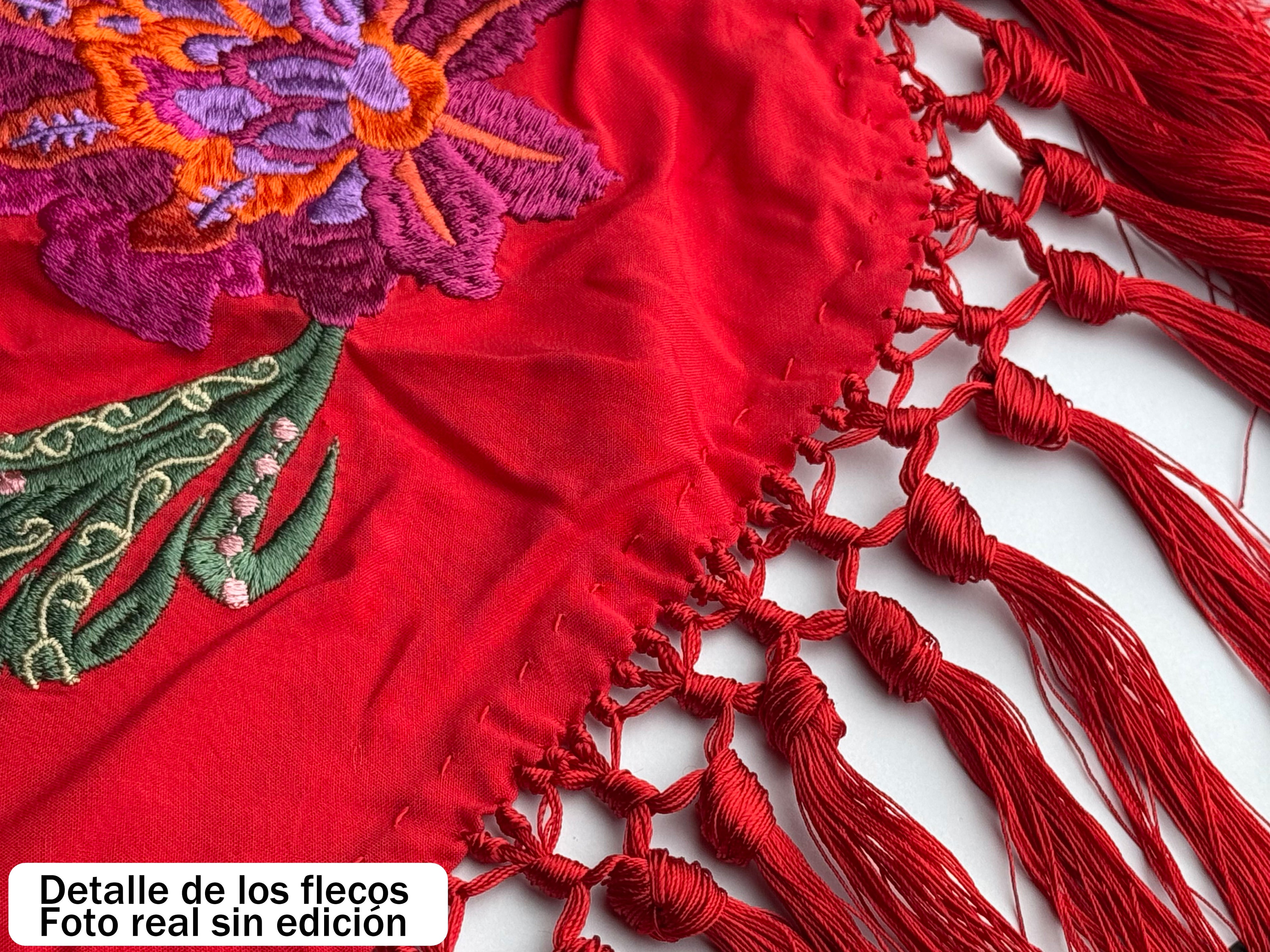 Manton de Flamenca Bordado Dalia – Ligero algodón 140X50  y con flecos 20cm