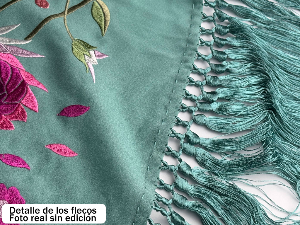 Súper oferta !Mantón de Flamenca Bordado de Rosas - de Chiffón 140 X 50 cm con flecos cortos 20cm