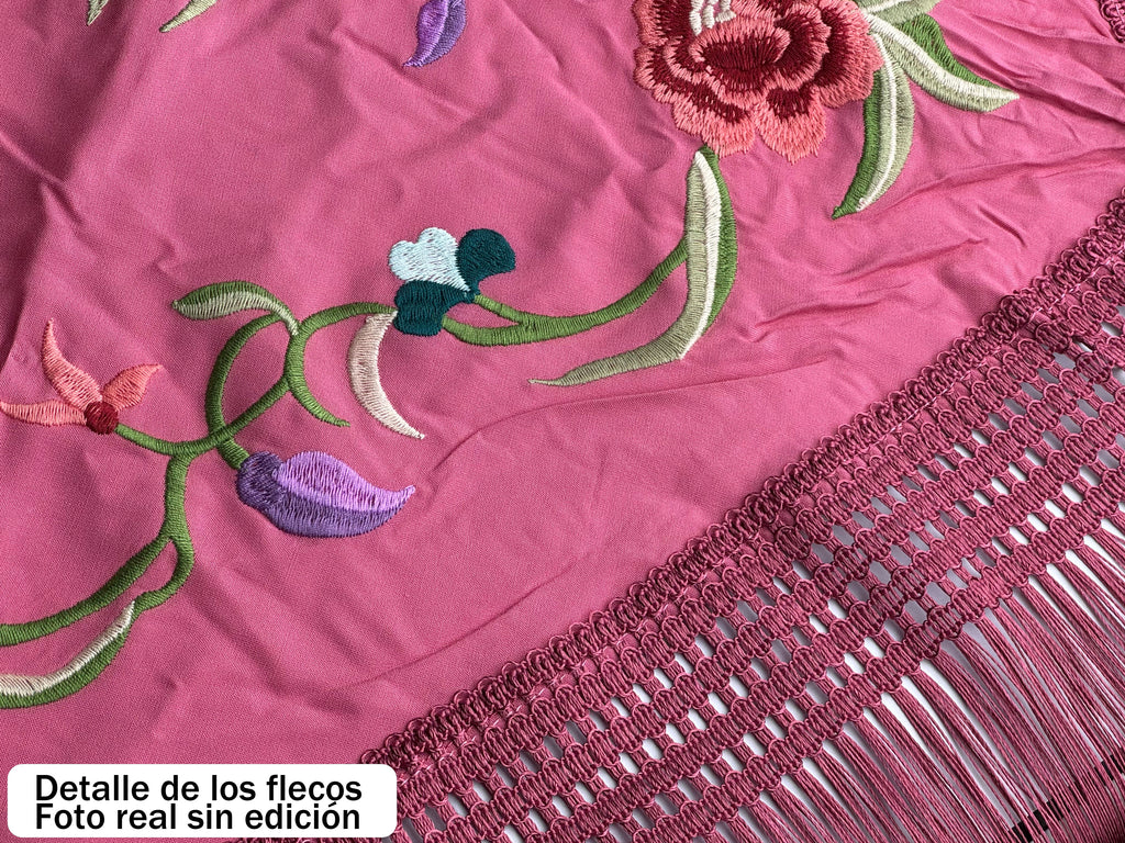 Mantón Flamenco Bordado Rosa para Baile Flamenco y Sevillanas – de Algodón 140 x 55cm con Flecos Largos 35 cm