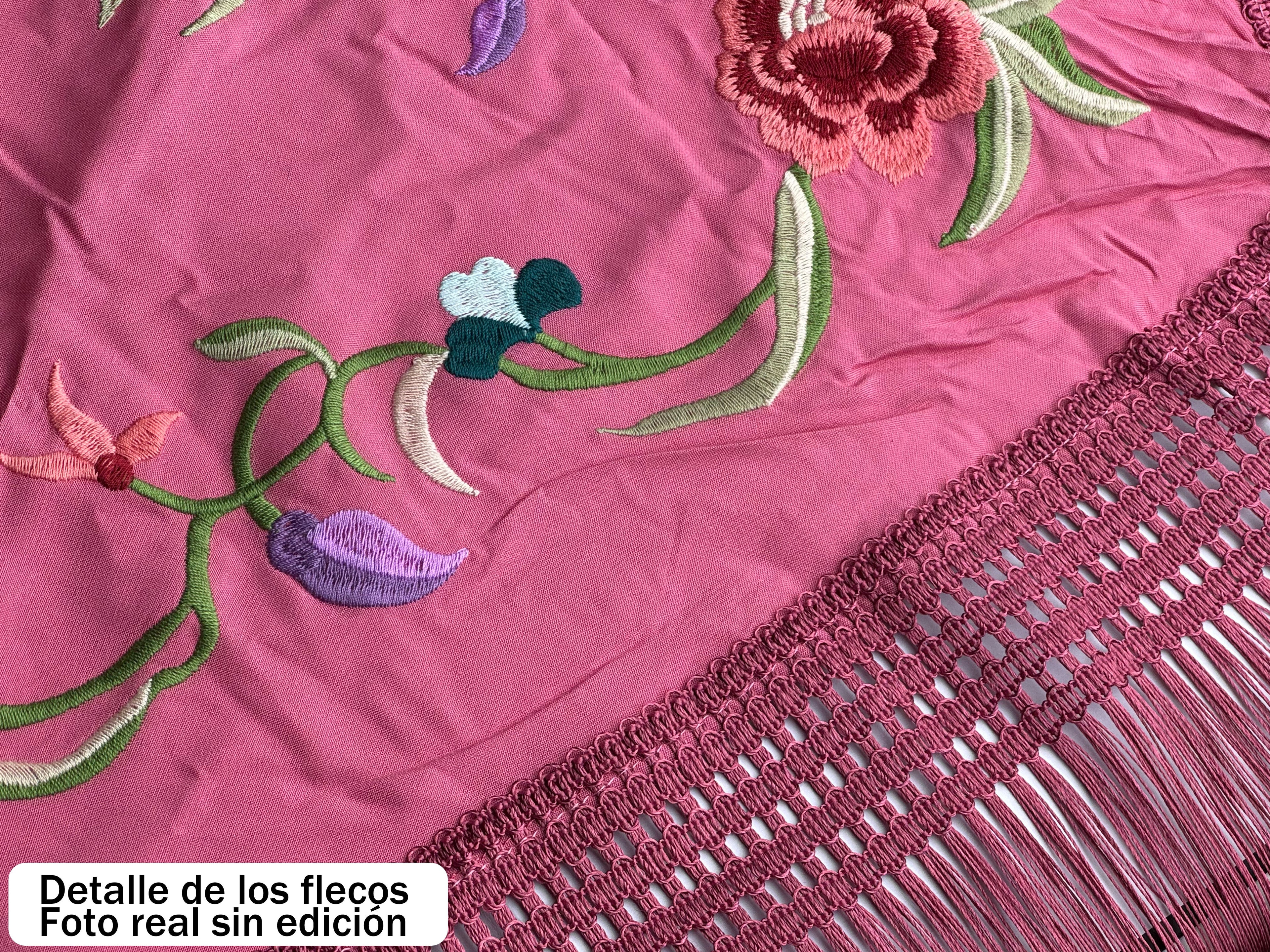 Mantón Flamenco Bordado Rosa para Baile Flamenco y Sevillanas – de Algodón 140 x 55cm con Flecos Largos 35 cm
