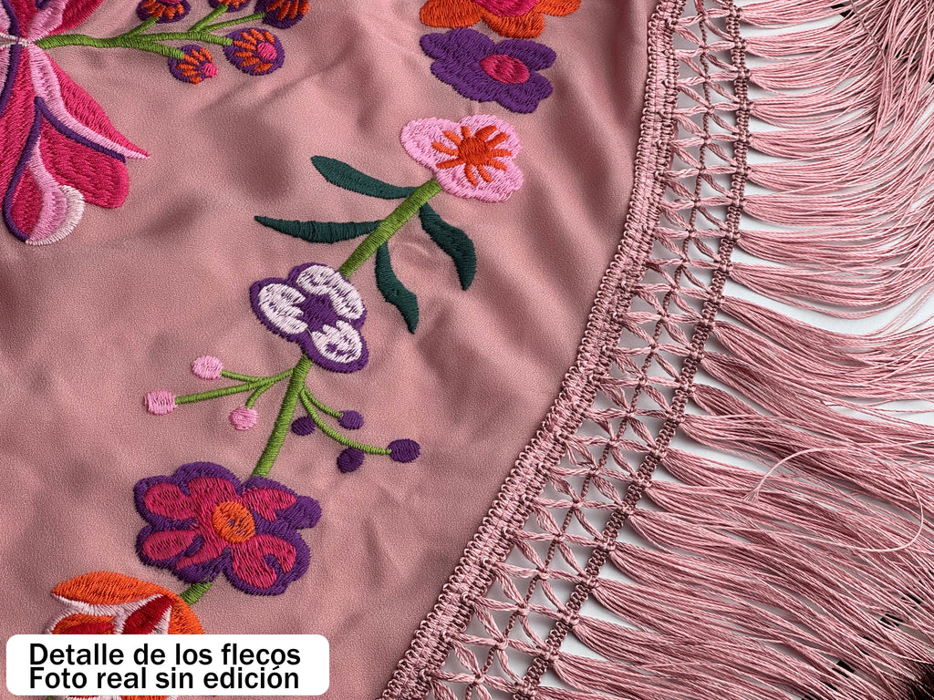 Mantón Flamenco Bordado Flores y Mariposas para Baile Flamenco y Sevillanas  –de Chifón 140 x 50 cm  con Flecos cortos 20 cm