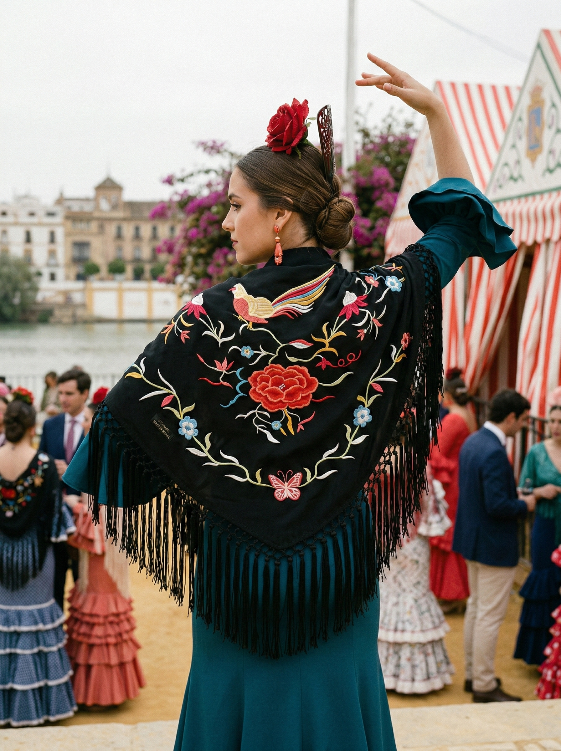 Súper oferta ! Mantón de Flamenco de Chiffón con Bordado de Pájaro  - 1.5m x 0.5m