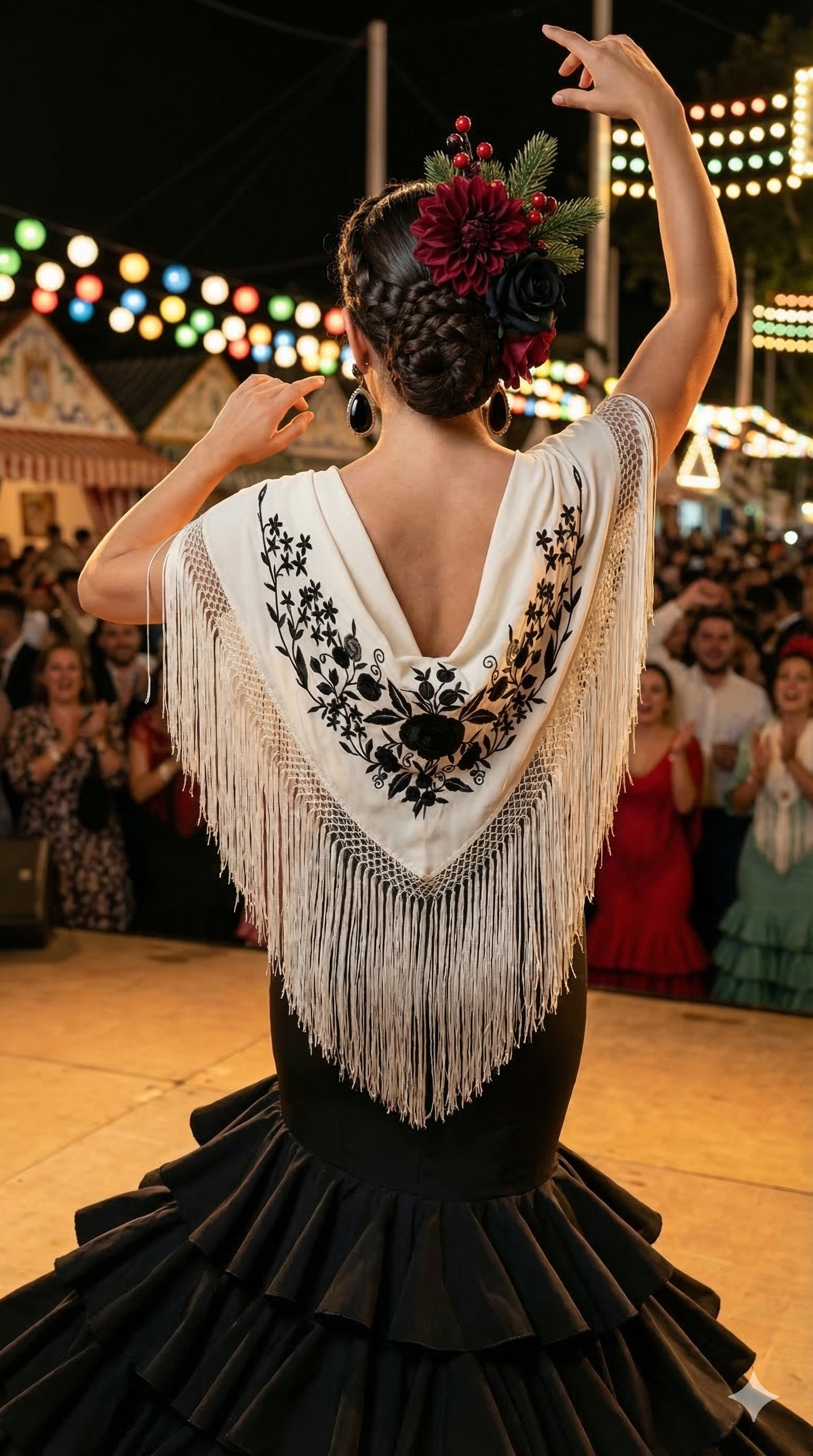 Súper oferta !Mantón Flamenco Bordado Clásico – de Chiffón 140 X 50 cm con flecos largos 30cm