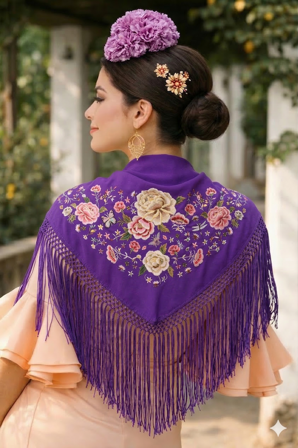Mantón de Flamenco Bordado de Flores Doradas –  de Chiffón 140x50 con Flecos Largos 35cm
