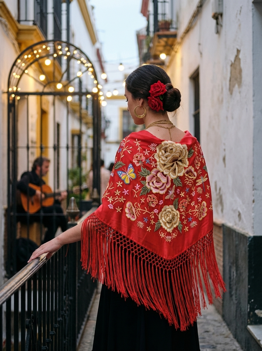 Súper oferta ! Mantón de Flamenco Bordado en Chiffón de Flores Doradas – Flecos 0,35 m