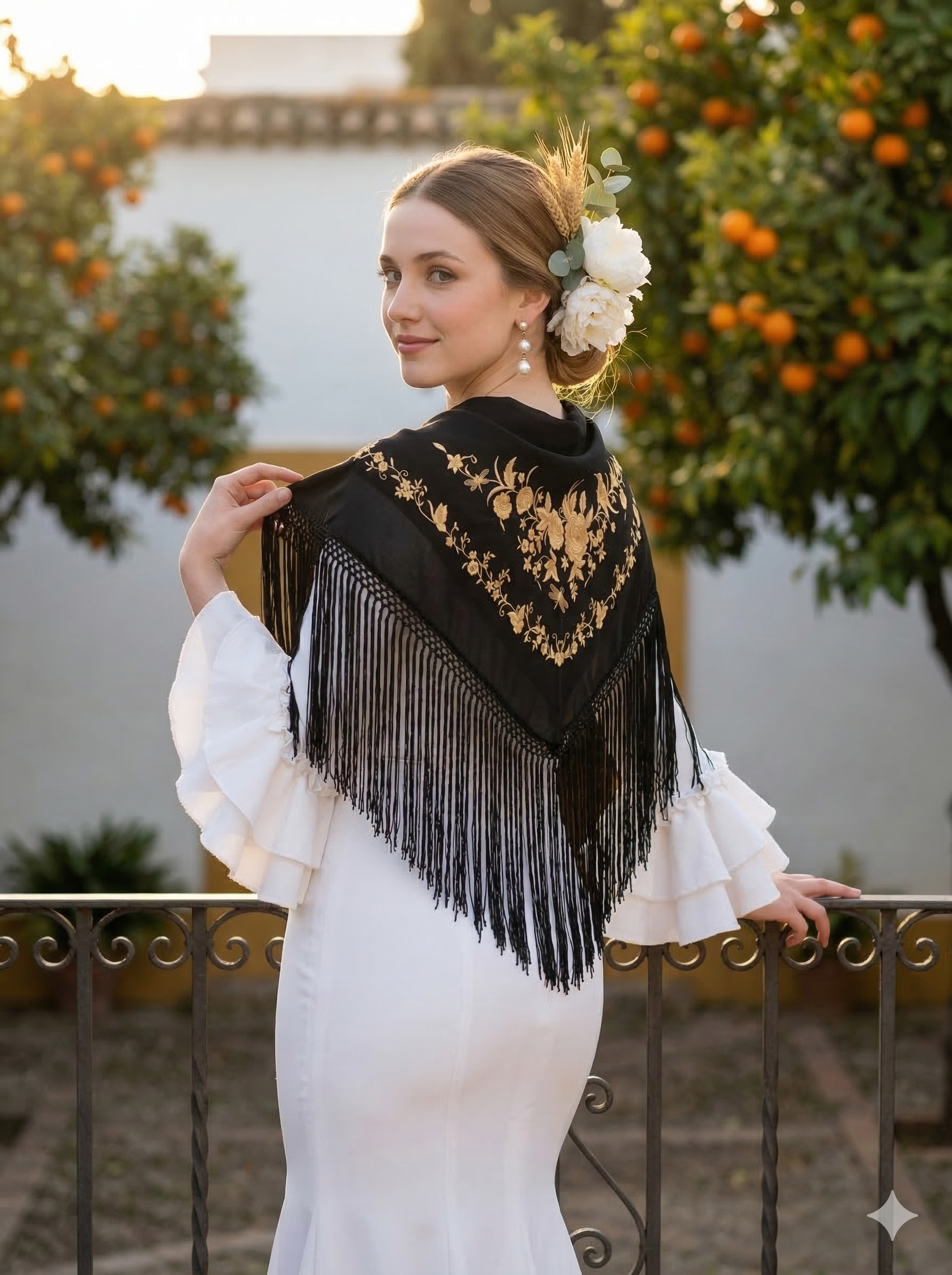 Súper oferta !Mantón Flamenco Bordado Clásico – de Chiffón 140 X 50 cm con flecos largos 40cm