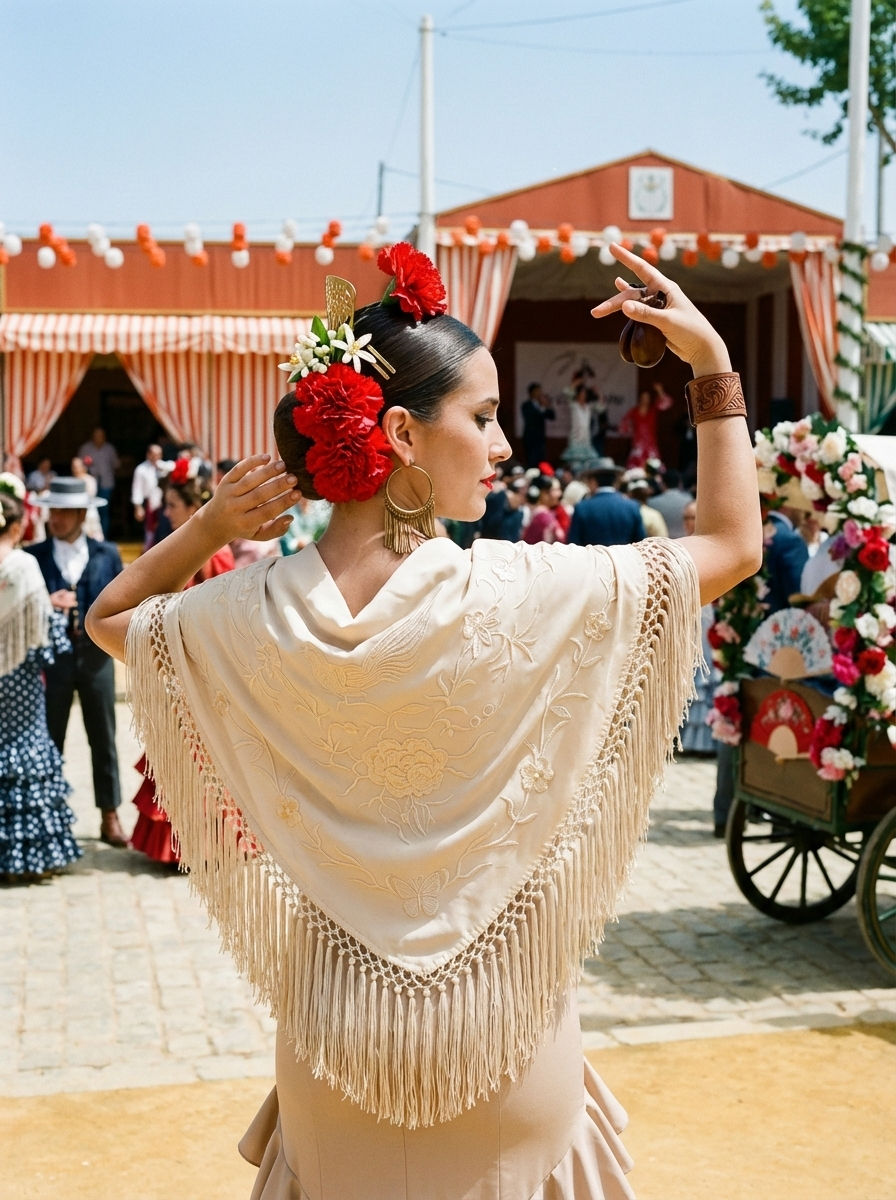Mantón de Flamenco  con Bordado de Pájaro de Chiffón 140X50 con flecos corto 20cm