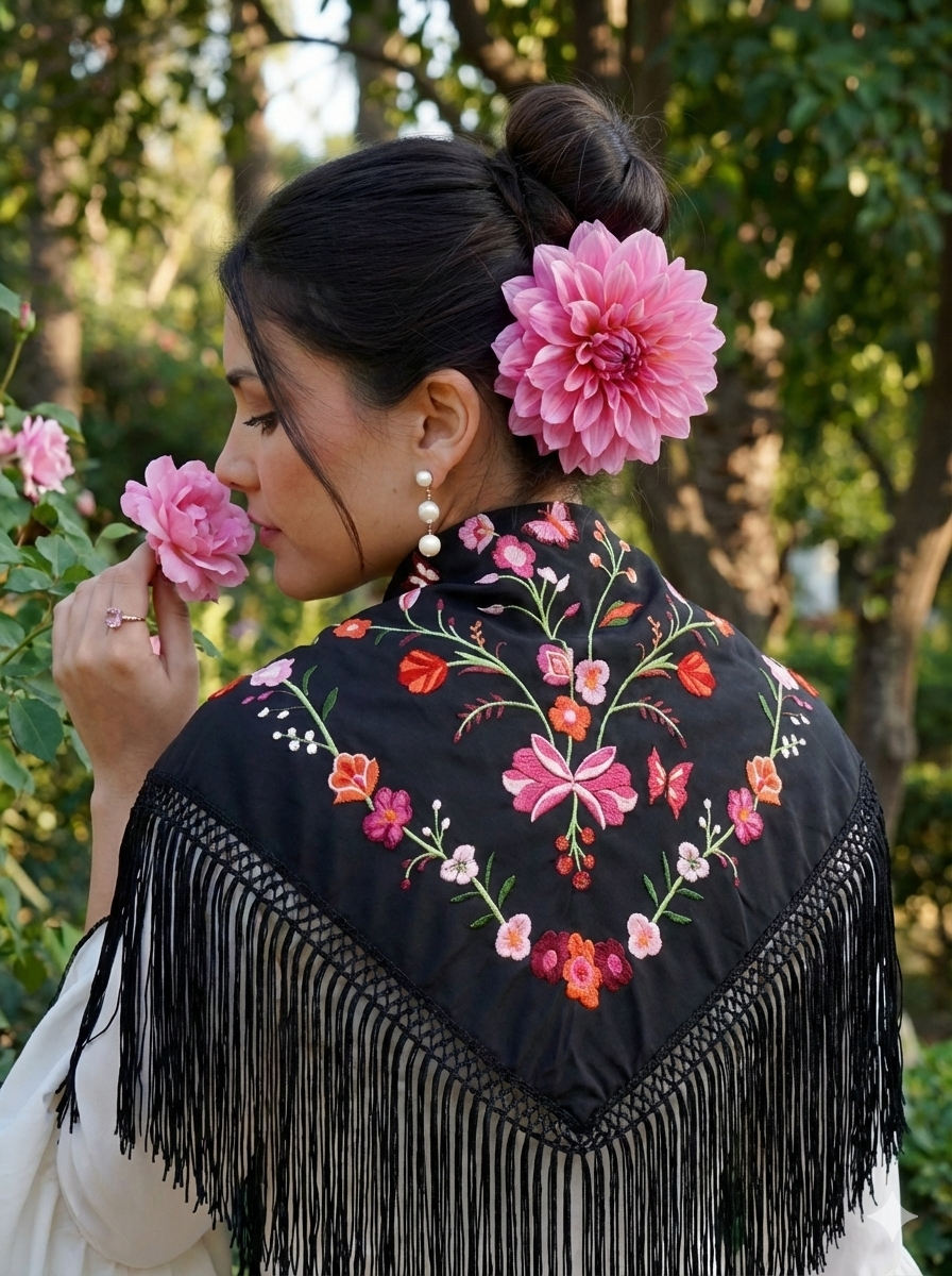 Mantón Flamenco Bordado Flores y Mariposas para Baile Flamenco y Sevillanas  –de Chifón 140 x 50 cm  con Flecos cortos 20 cm