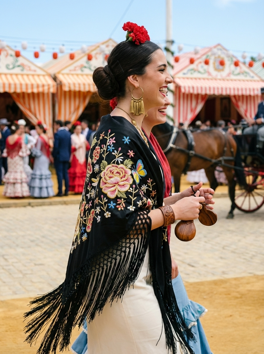 Súper oferta ! Mantón de Flamenco Bordado en Chiffón de Flores Doradas – Flecos 0,35 m