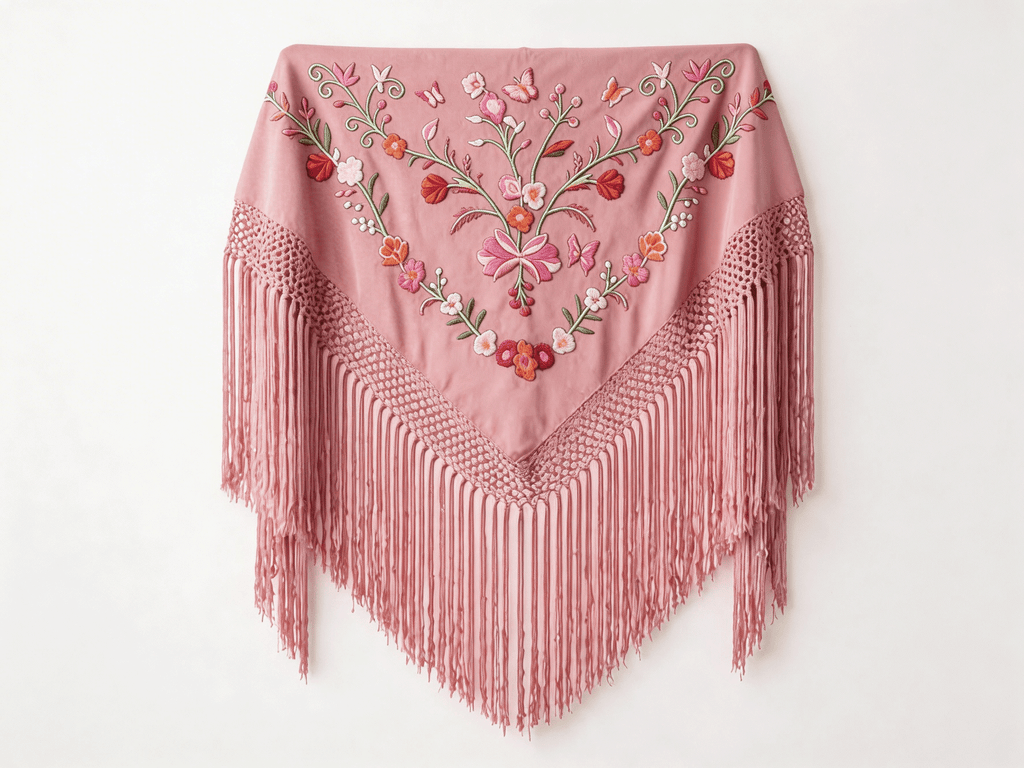 Mantón Flamenco Bordado Flores y Mariposas para Baile Flamenco y Sevillanas  –de Chifón 140 x 50 cm  con Flecos cortos 20 cm