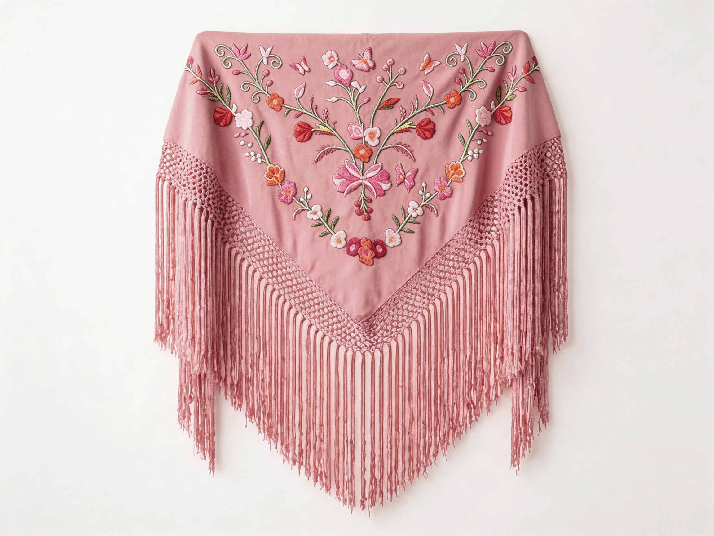 Mantón Flamenco Bordado Flores y Mariposas para Baile Flamenco y Sevillanas  –de Chifón 140 x 50 cm  con Flecos cortos 20 cm