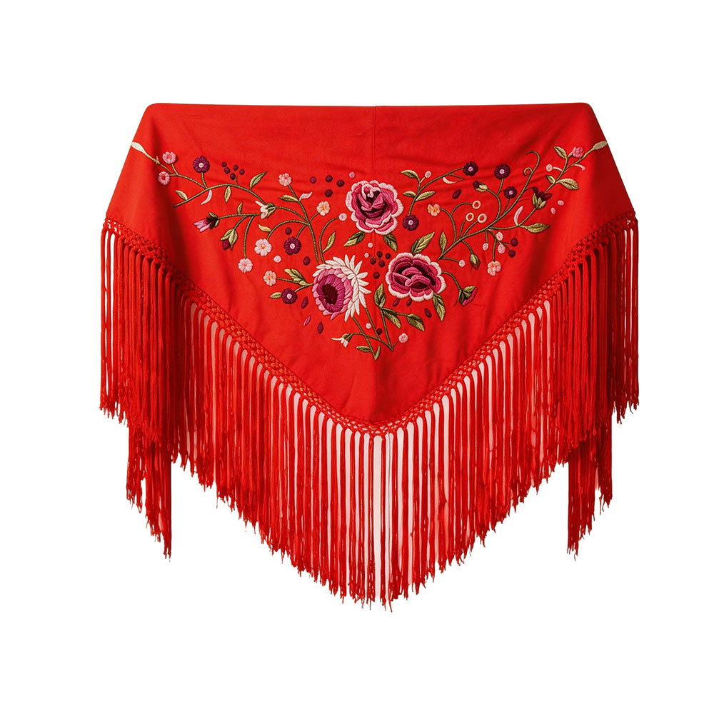 Súper oferta !Mantón de Flamenca Bordado de Rosas - de Chiffón 140 X 50 cm con flecos cortos 20cm