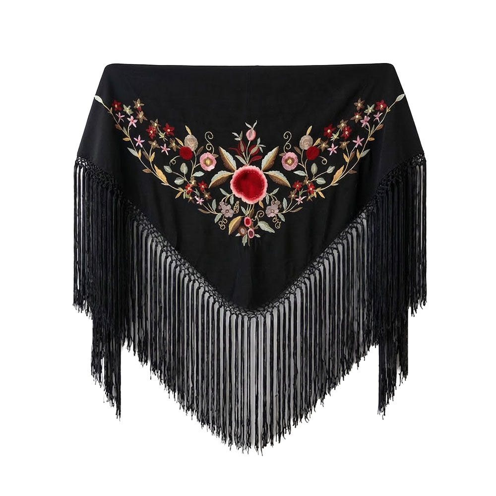 Súper oferta !Mantón Flamenco Bordado Clásico – de Chiffón 140 X 50 cm con flecos largos 30cm