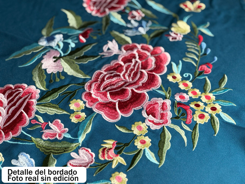 Mantón de Flamenco Bordado de Flores de Chiffón 140x50 con Flecos Largos 30cm