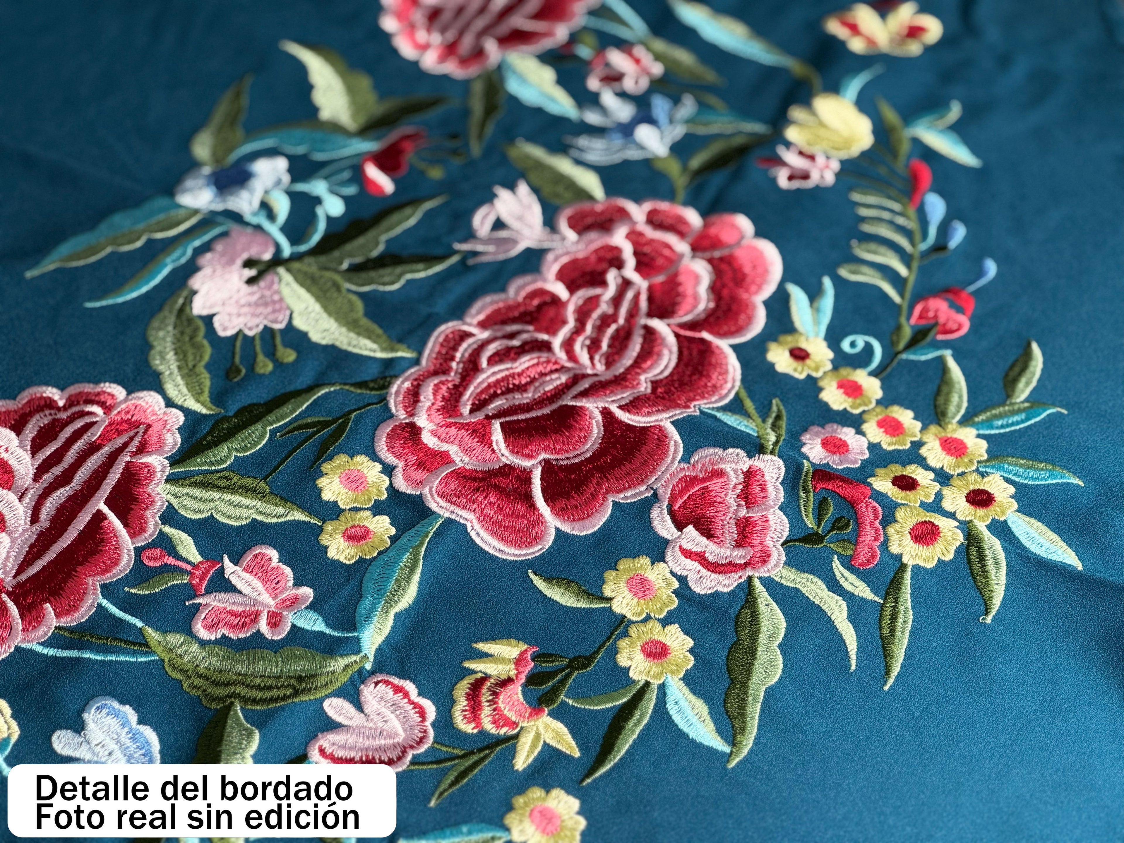 Mantón de Flamenco Bordado de Flores de Chiffón 140x50 con Flecos Largos 30cm
