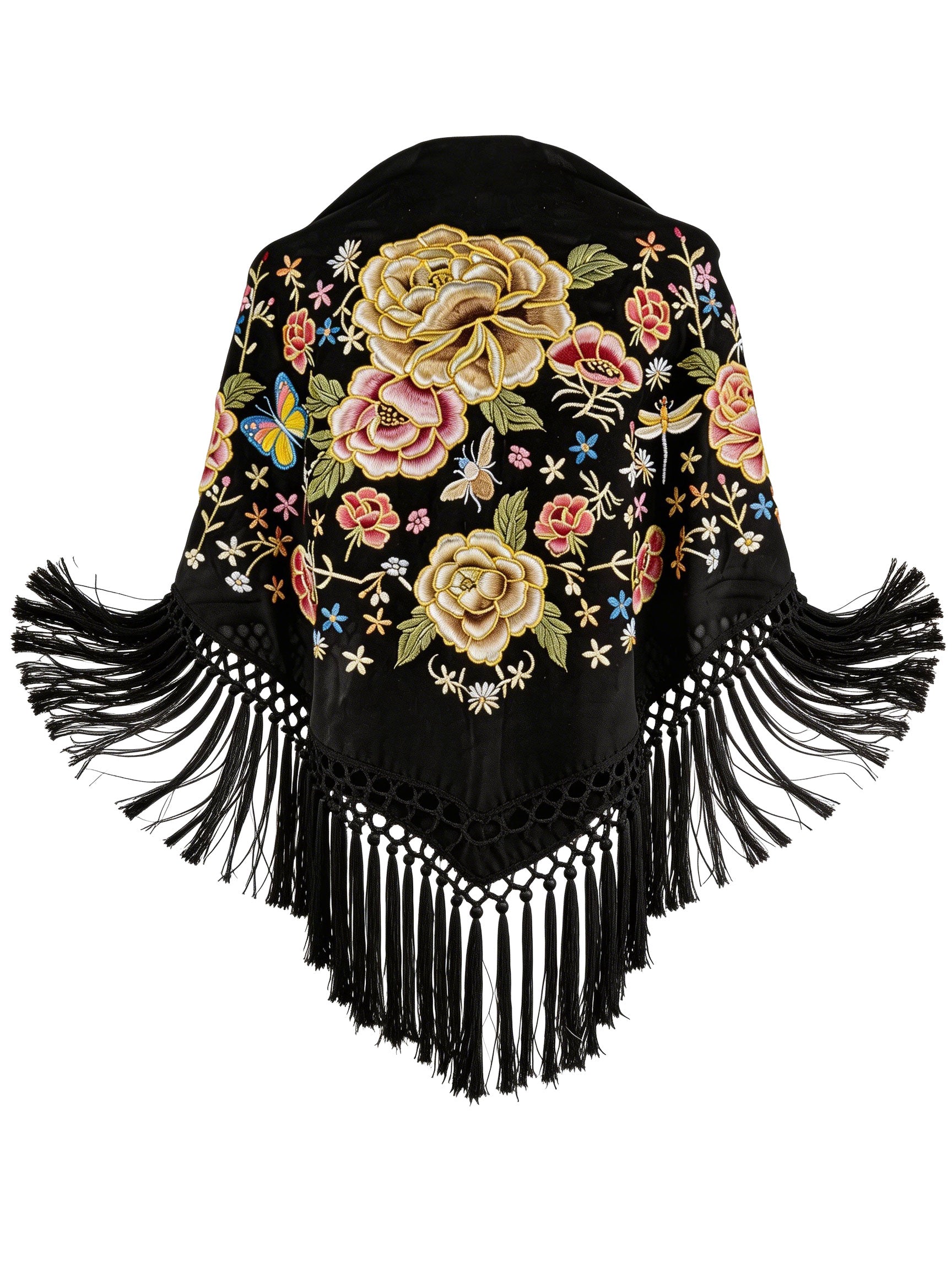 Súper oferta ! Mantón de Flamenco Bordado en Chiffón de Flores Doradas – Flecos 0,35 m