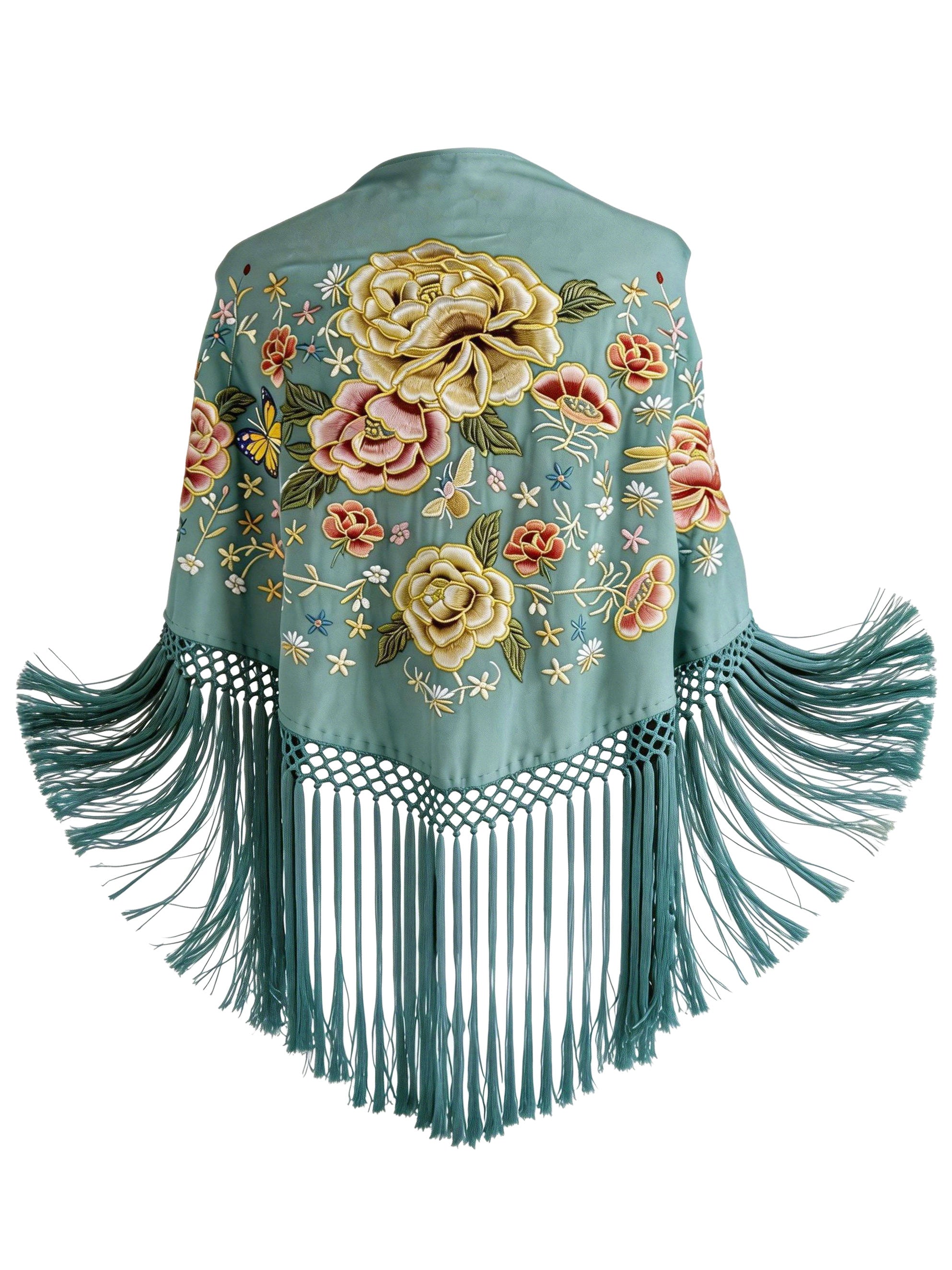 Súper oferta ! Mantón de Flamenco Bordado en Chiffón de Flores Doradas – Flecos 0,35 m