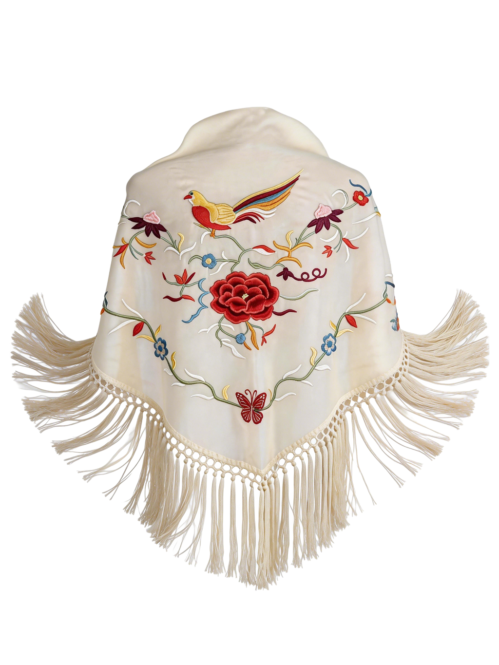 Mantón de Flamenco  con Bordado de Pájaro de Chiffón 140X50 con flecos corto 20cm