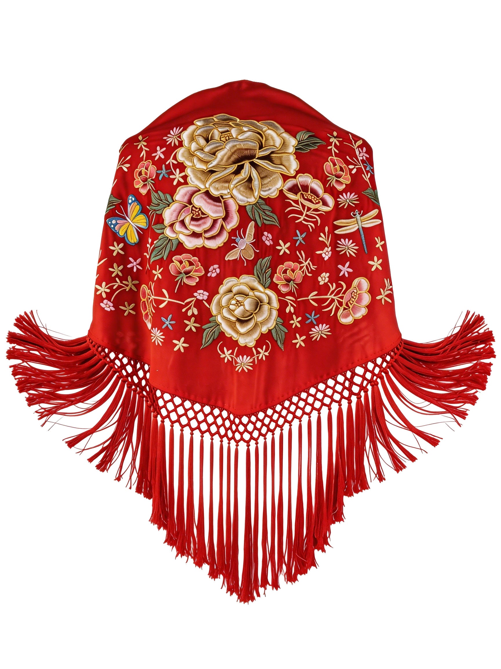 Súper oferta ! Mantón de Flamenco Bordado en Chiffón de Flores Doradas – Flecos 0,35 m