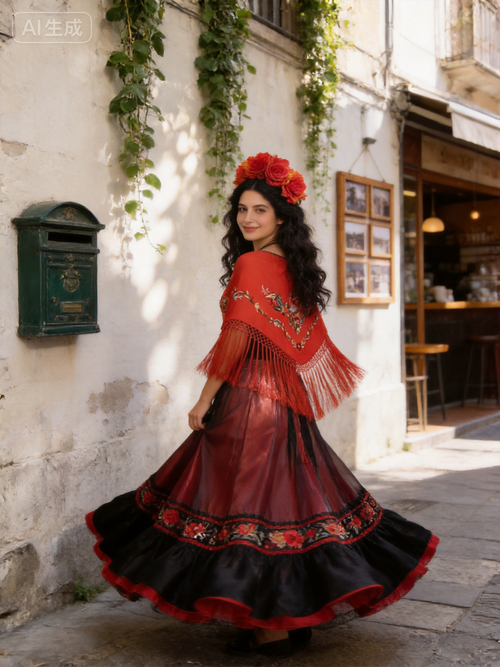 Mantón de Flamenca Clásica - de Chiffón 140 X 50 cm con flecos largos 30cm