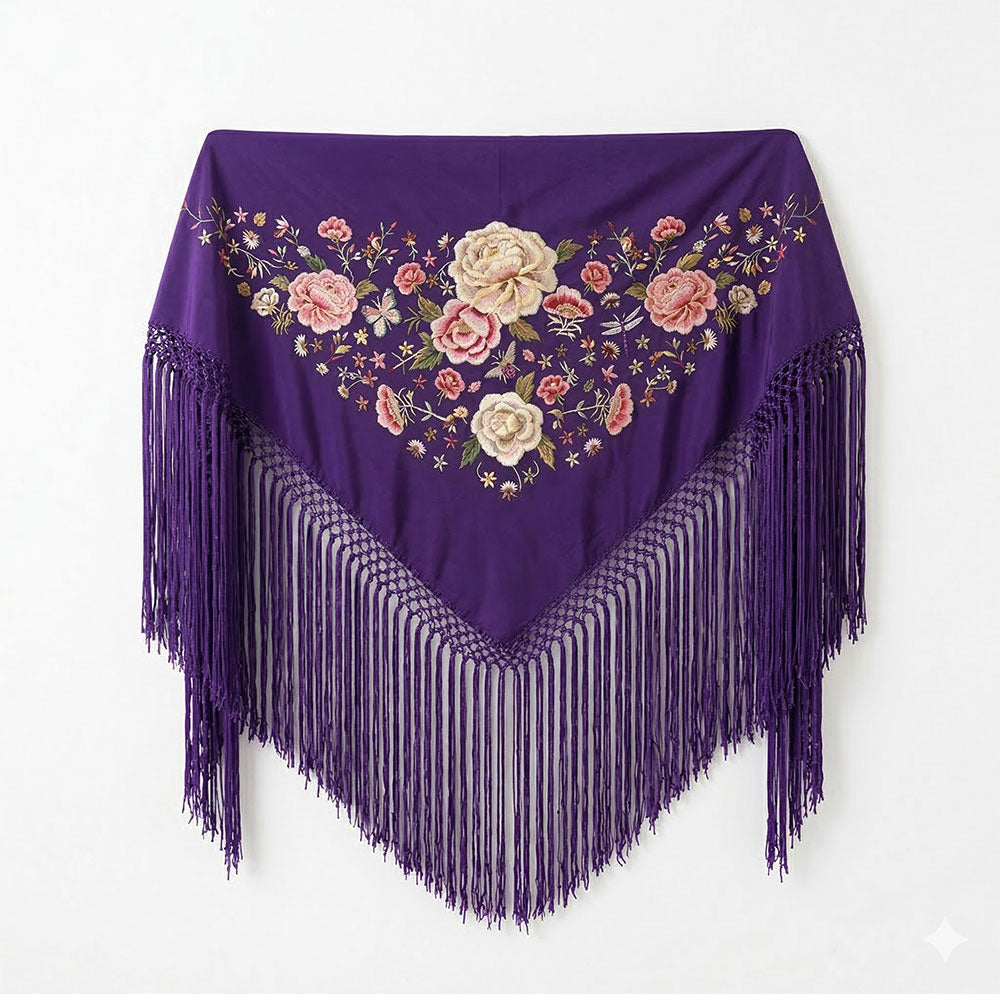 Mantón de Flamenco Bordado de Flores Doradas –  de Chiffón 140x50 con Flecos Largos 35cm