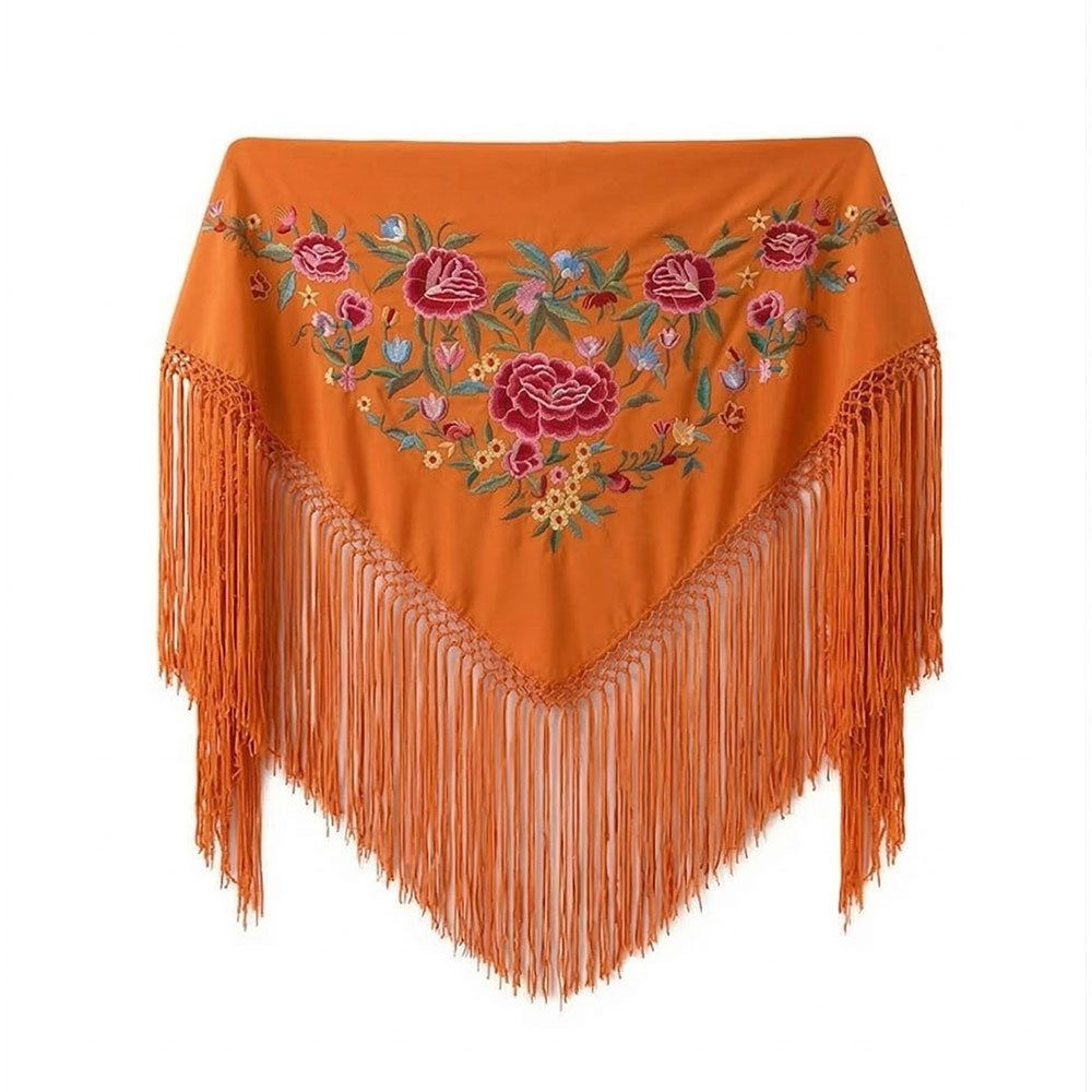 Mantón de Flamenco Bordado de Flores de Chiffón 140x50 con Flecos Largos 30cm